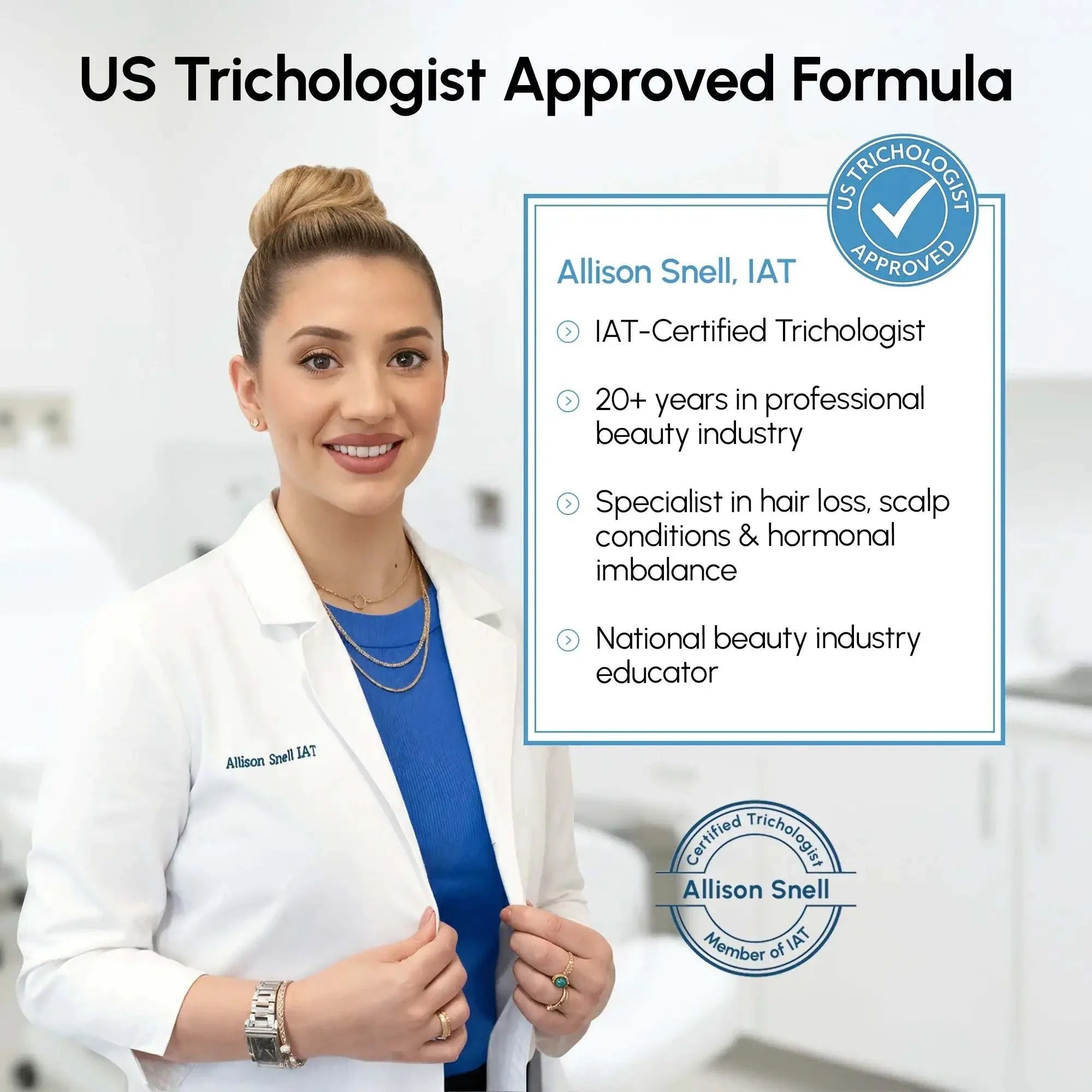 Pure Batana Hair Growth Paste promotion featuring a smiling trichologist in a white coat beside her professional credentials