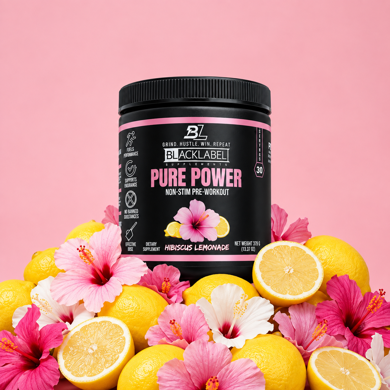 PURE POWER supplement tub with a black label and lid, surrounded by pink hibiscus flowers and yellow lemons
