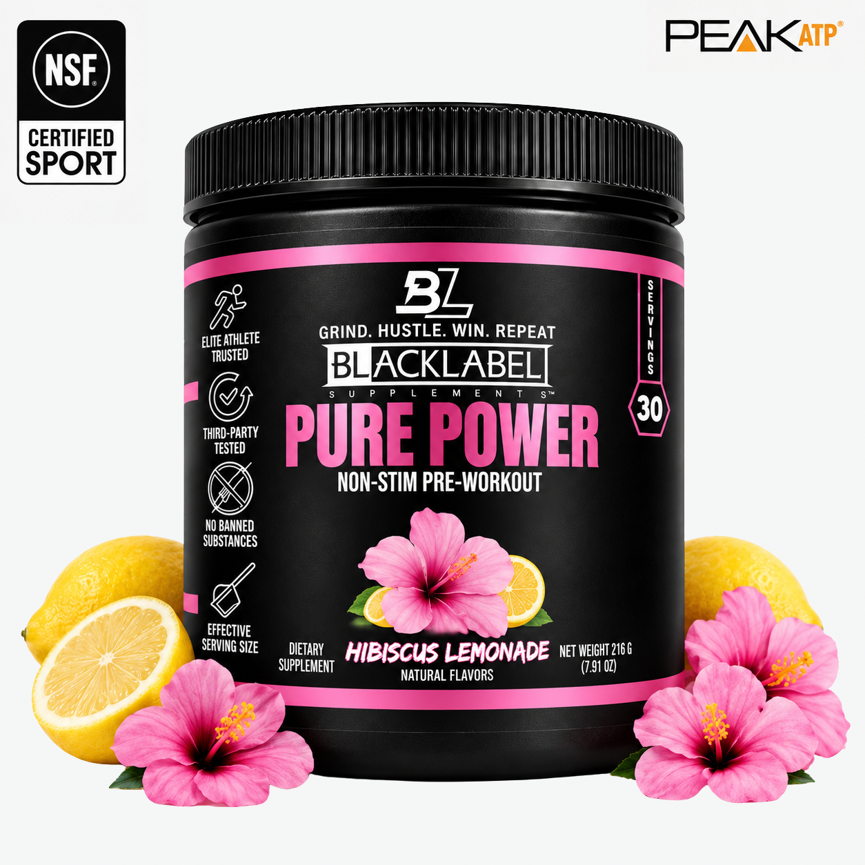 PURE POWER pre-workout supplement in a black tub with pink accents, hibiscus lemonade flavor, and flower graphics