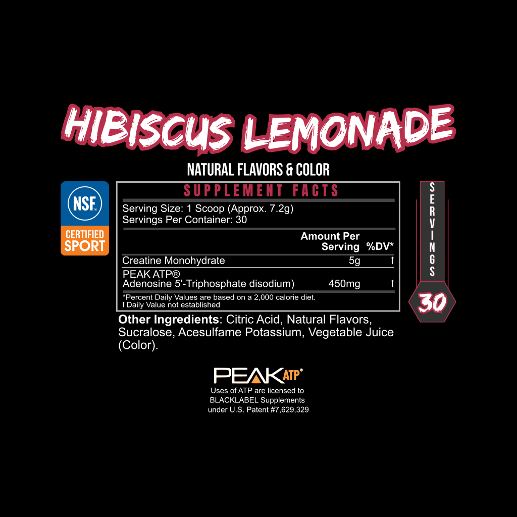 Dietary supplement label with bold hibiscus lemonade flavor text, black background, and white and red lettering.