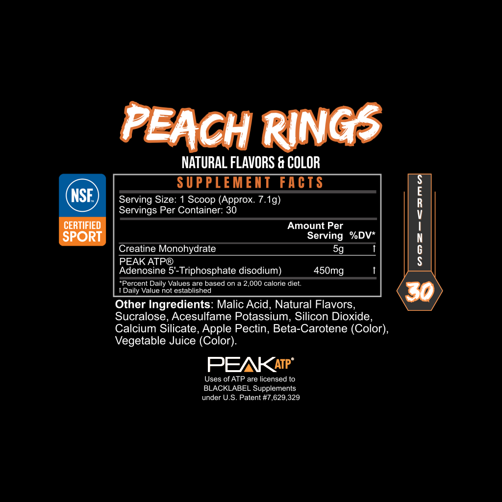 PURE POWER Peach Rings supplement facts label with creatine monohydrate, Peak ATP, natural flavors, and 30 servings