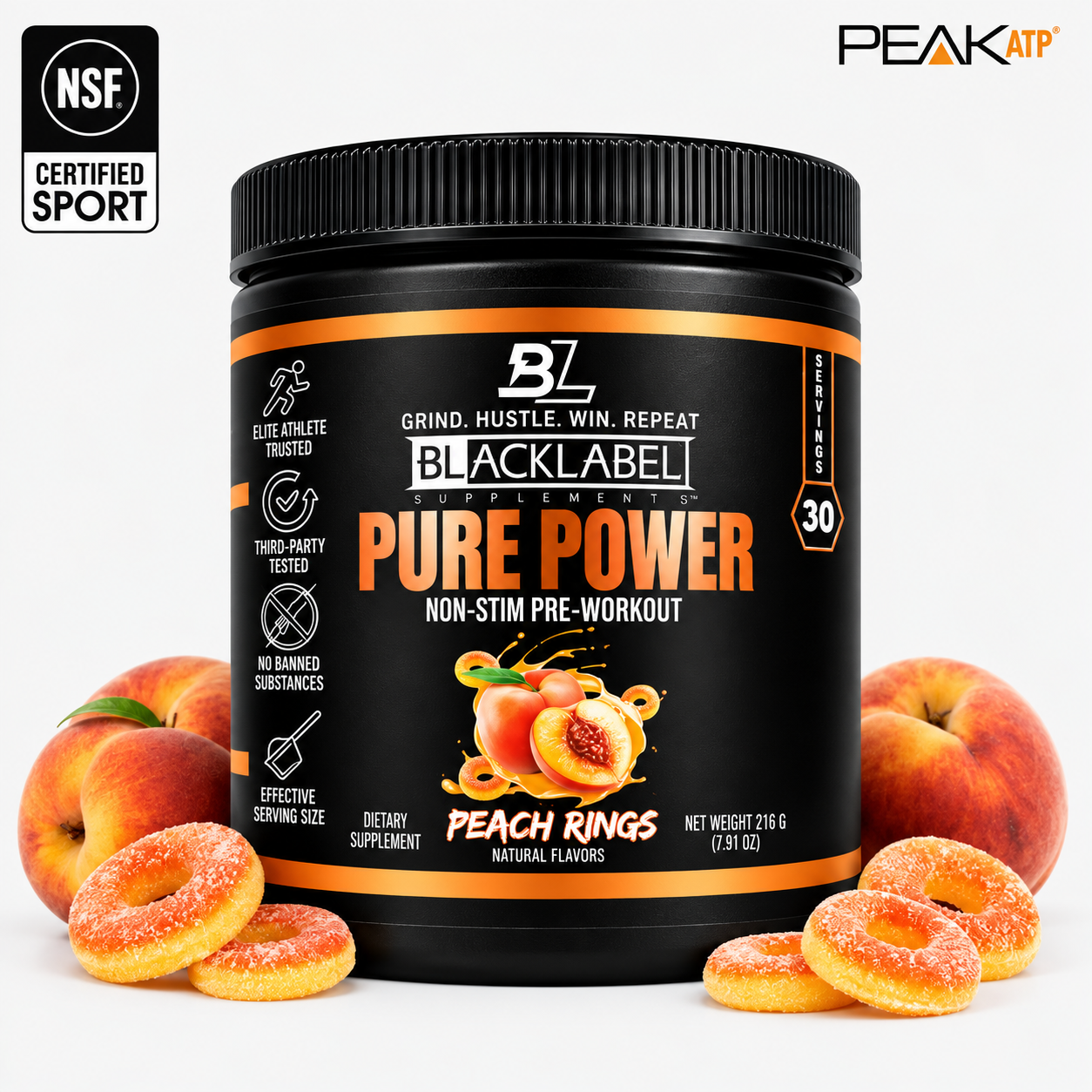 PURE POWER supplement tub with a black label, orange accents, and peach rings flavor graphics