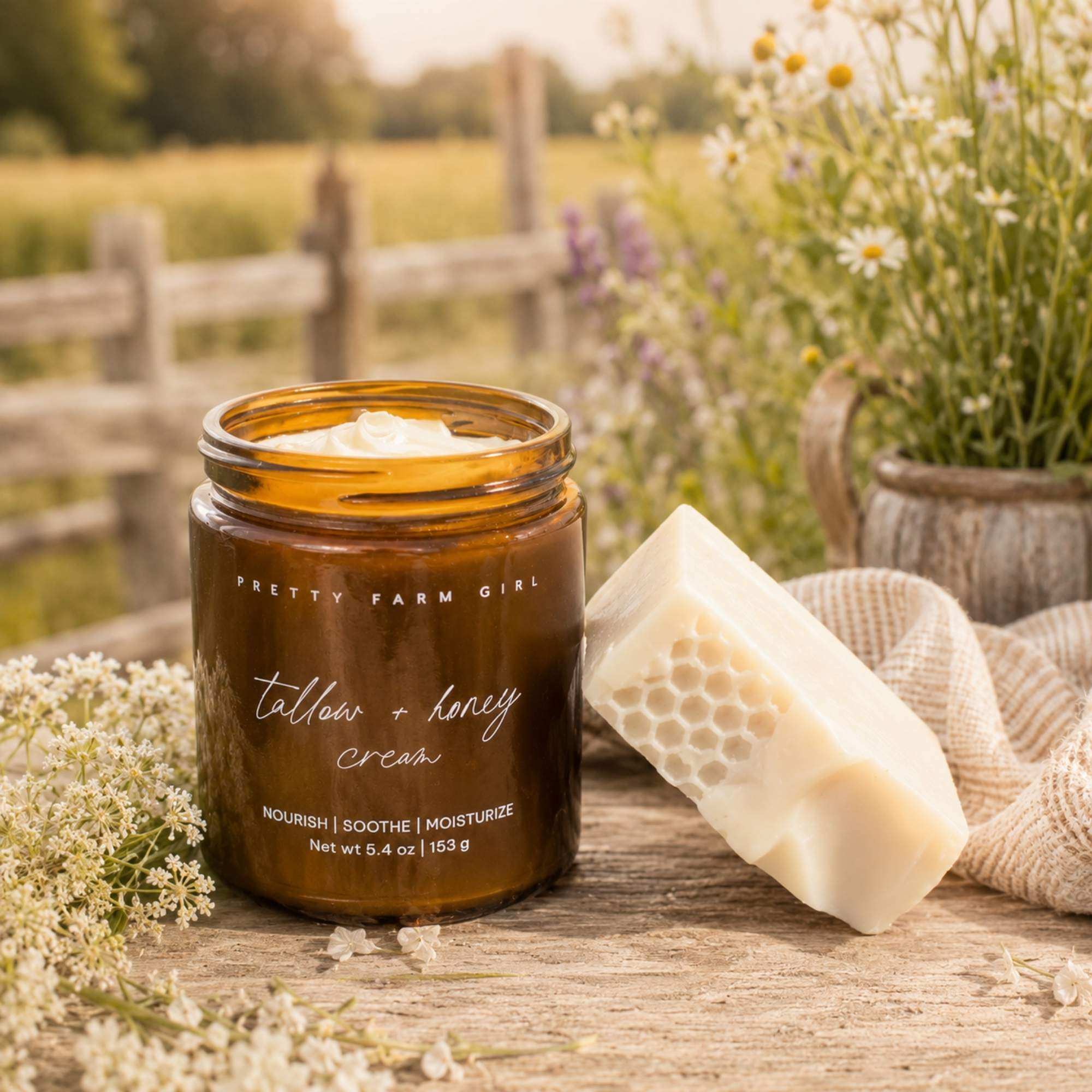 Pure + Simple Skin Kit with amber glass tallow and honey cream jar and creamy handmade soap bar, neutral tones