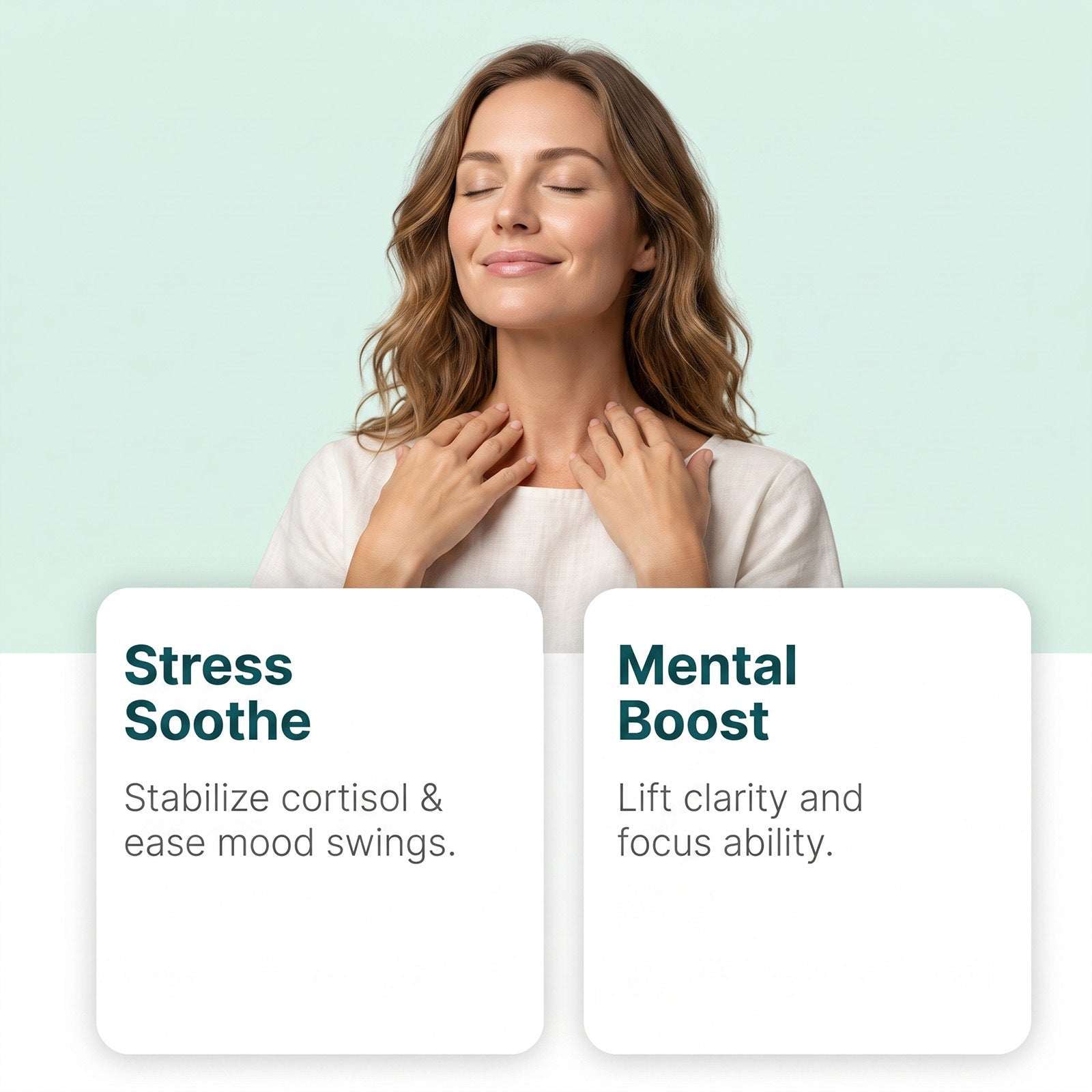 Qingsi Hengjing Nutritional Capsules promotion featuring a woman touching her neck beside stress-soothing and mental-boost benefit panels