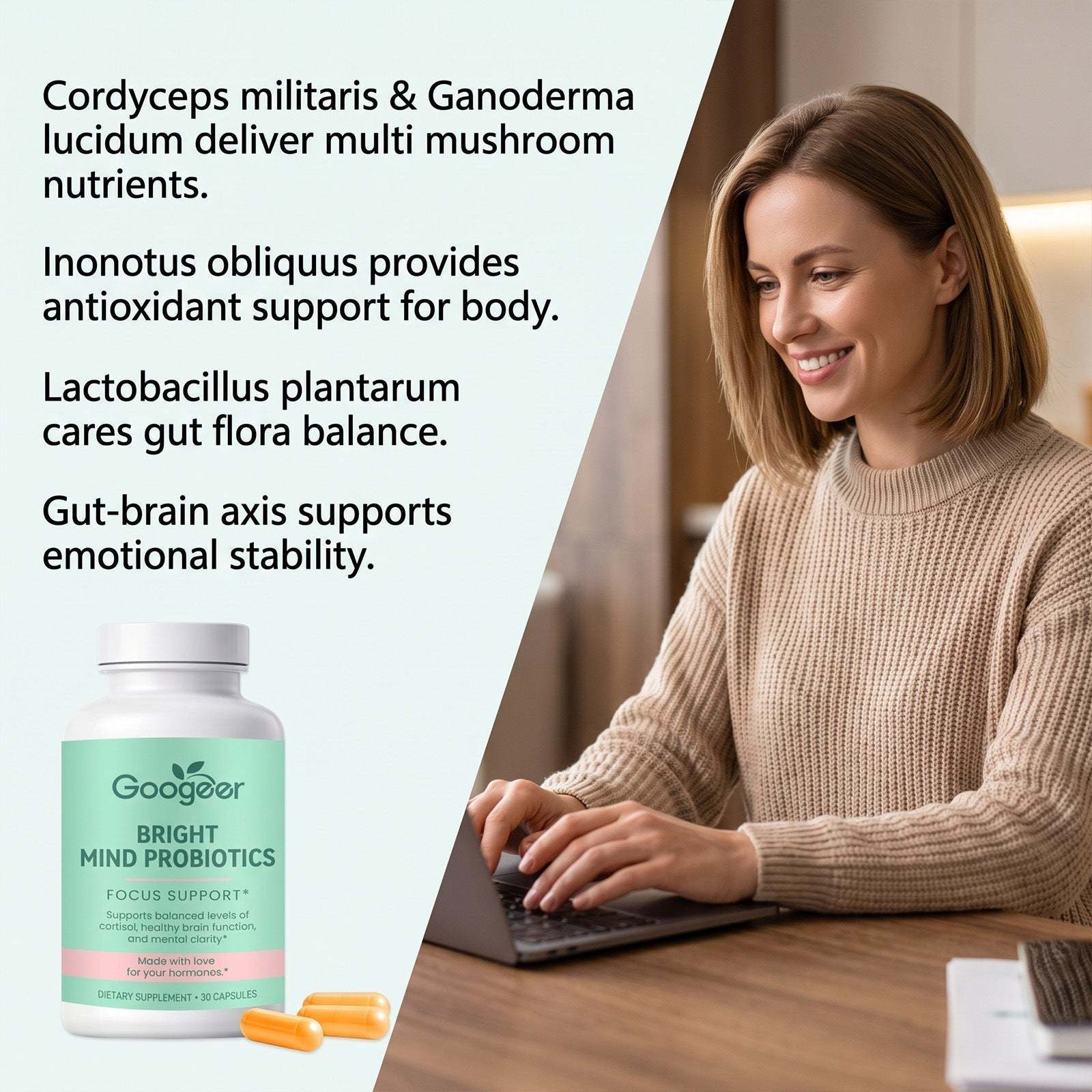 Qingsi Hengjing Nutritional Capsules shown as a white bottle with a mint-green label and orange capsules, marketed as mind probiotics.