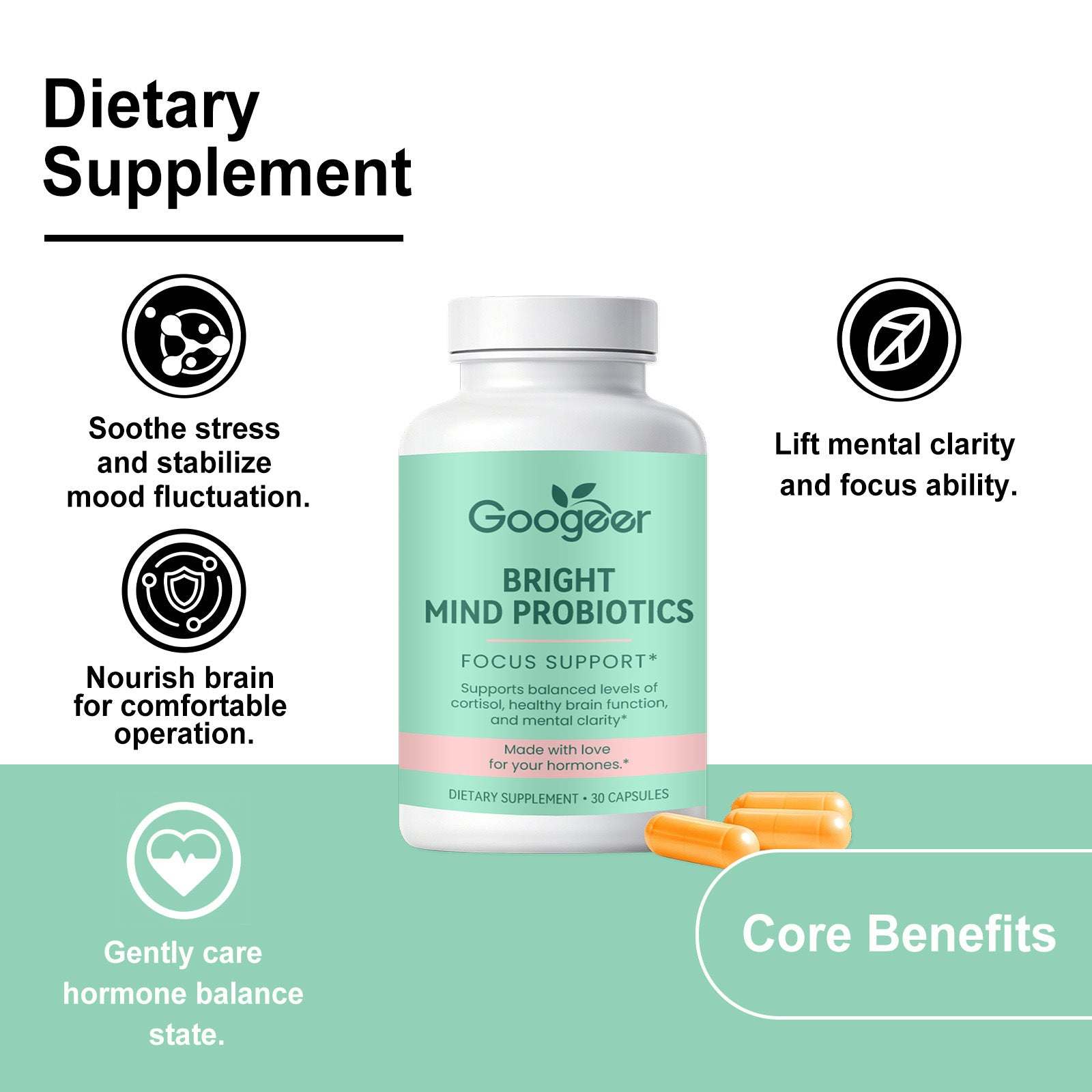 Qingsi Hengjing Nutritional Capsules in a white bottle with mint-green label, orange capsules, and brain focus benefits