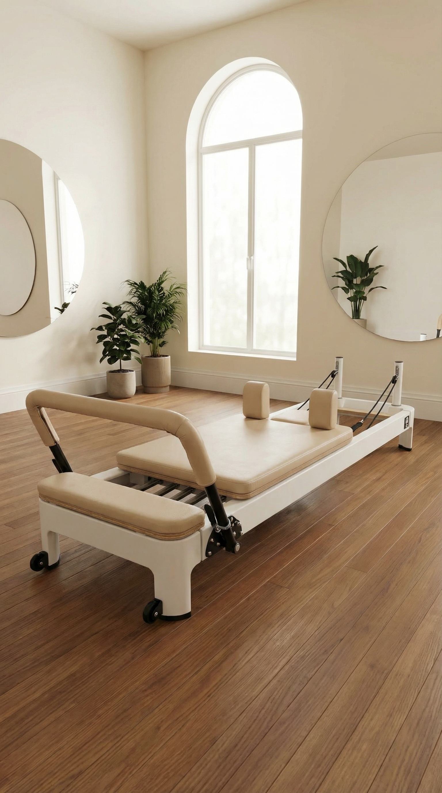 Queen 2.0 Studio Pilates Reformer in beige with cushioned platform, padded footbar, and sleek ergonomic design on wooden floor