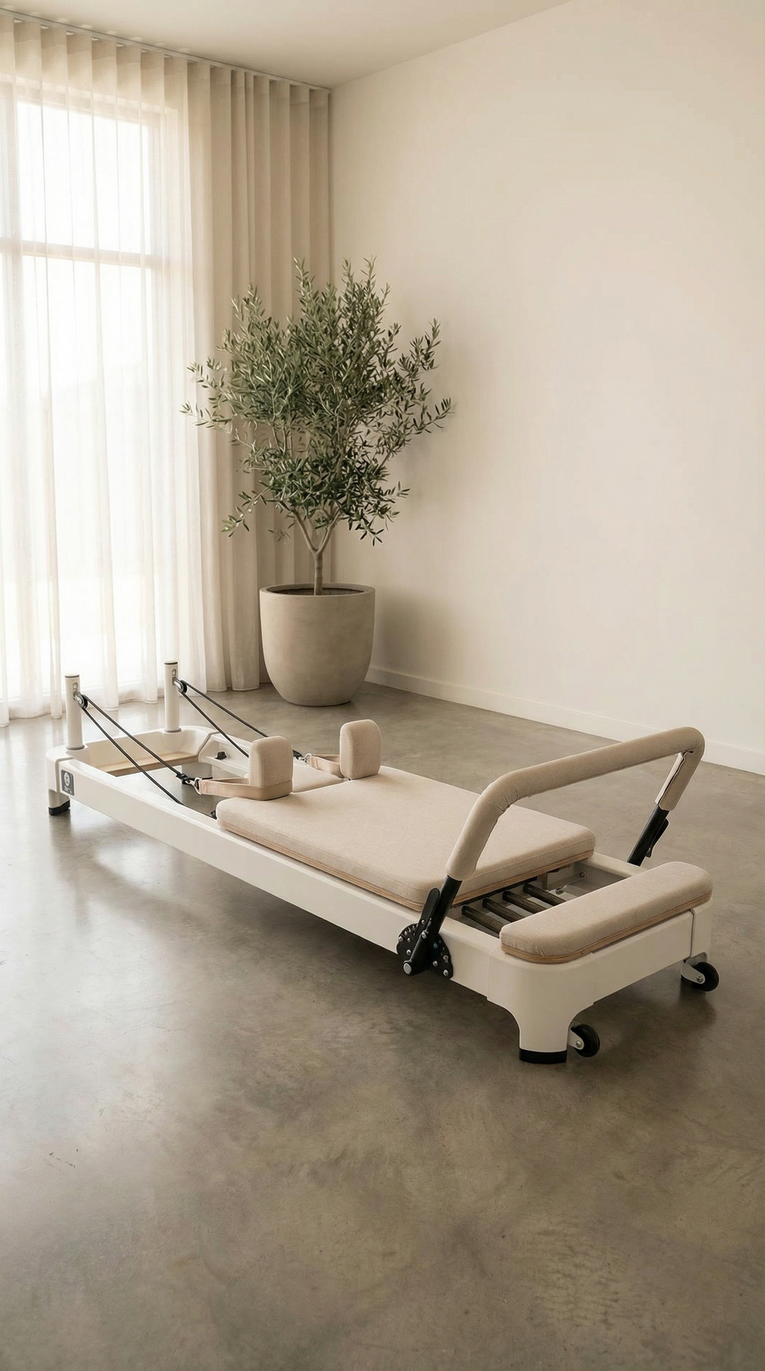 Queen 2.0 Studio Pilates Reformer in beige with cushioned carriage and padded footbar, sleek modern design with metal frame