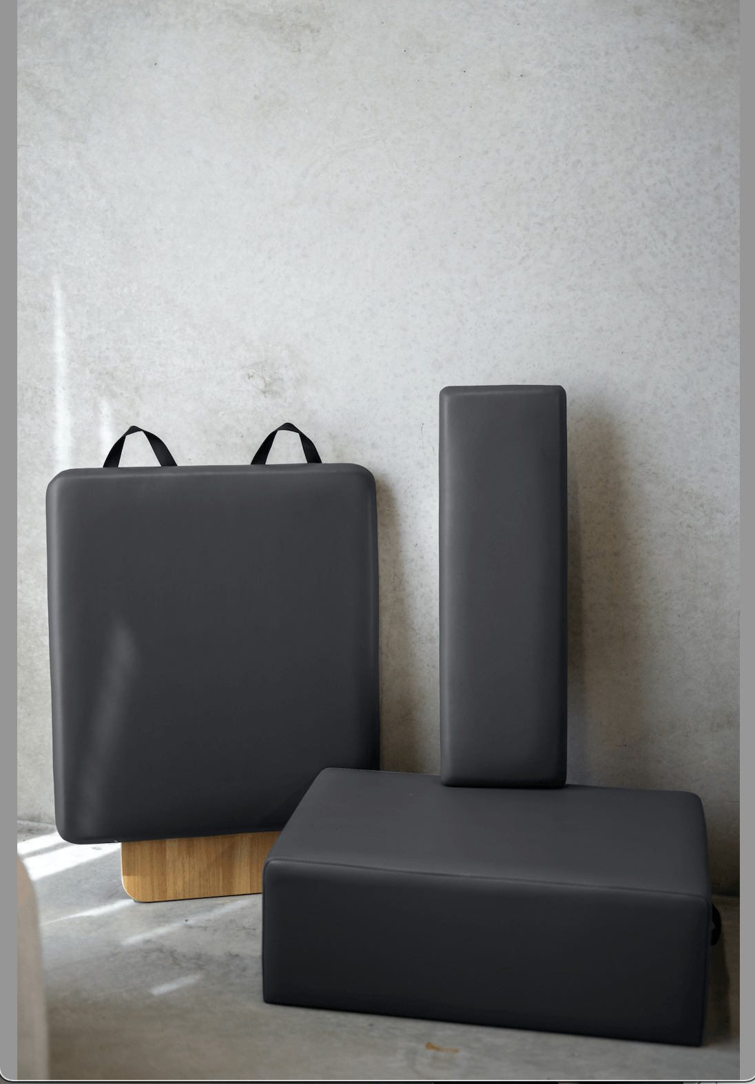 Queen Folding Reformer black padded custom cushions and platform pieces with smooth upholstery for Pilates equipment