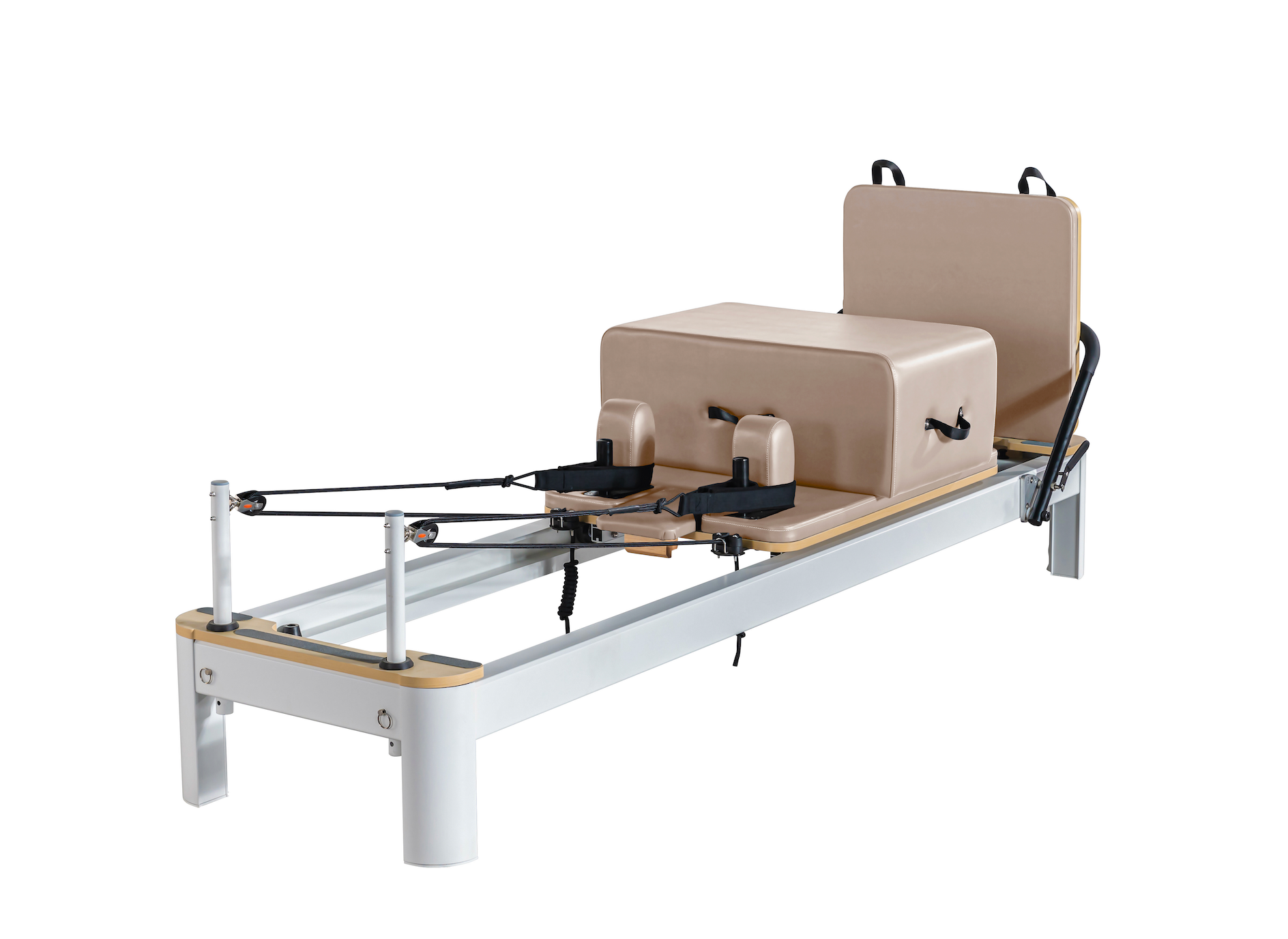 Queen Studio Pilates Reformer with white aluminum frame, beige padded upholstery including box and backrest, and black adjustable straps.