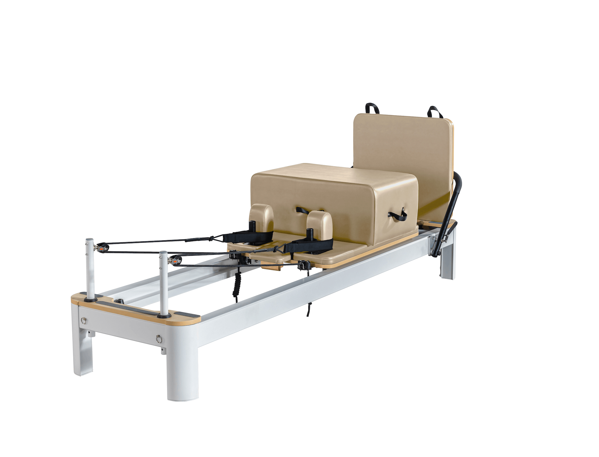 Queen Studio Reformer in beige with padded foam carriage, footbar, shoulder rests, and sturdy white frame for Pilates workouts