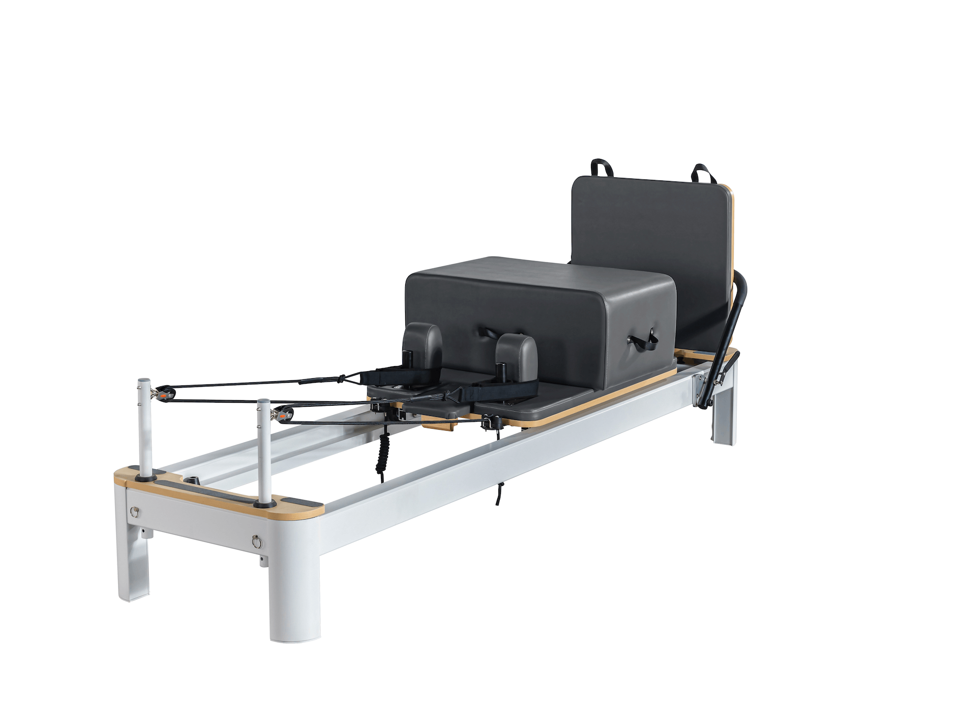 Queen Studio Reformer Pilates machine in sleek black cushions with grey metal frame and wooden accents for smooth workouts