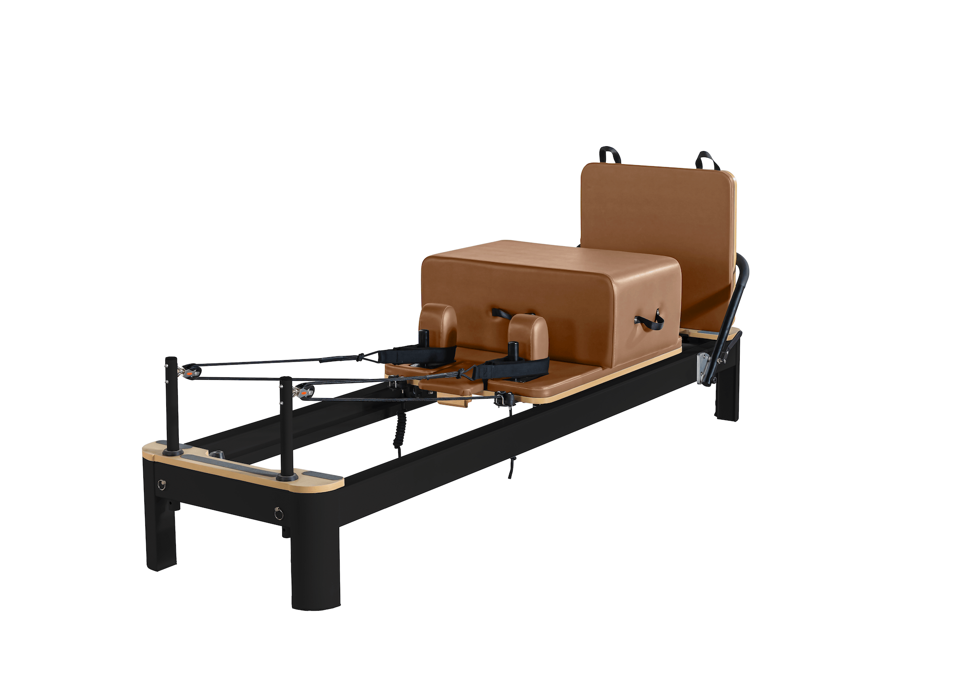 Queen Studio Reformer in black frame with brown padded leather seating and footbar featuring adjustable ropes and pulleys