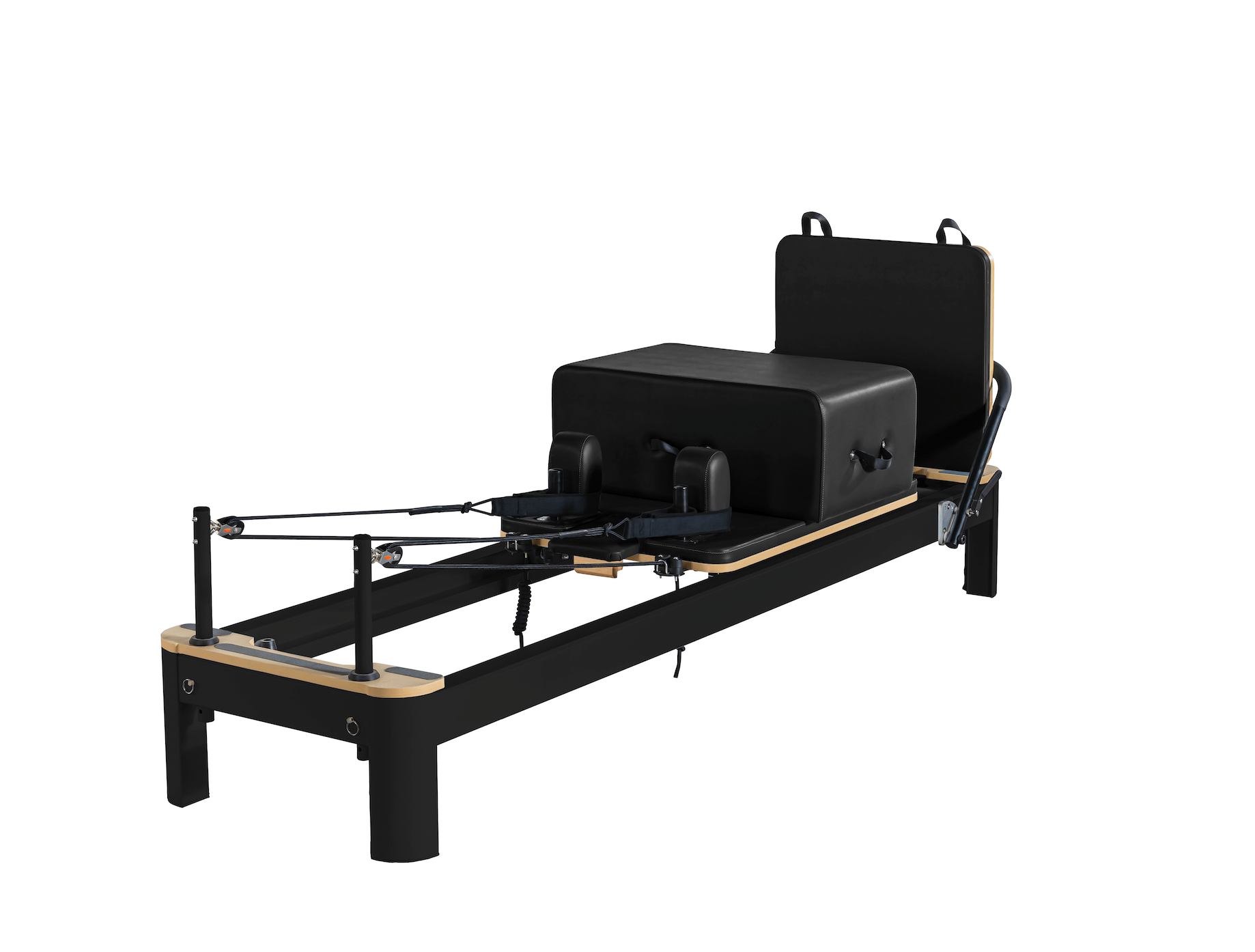 Queen Studio Reformer in sleek black with wood accents, featuring padded platform, footbar, and loop ropes for Pilates workouts