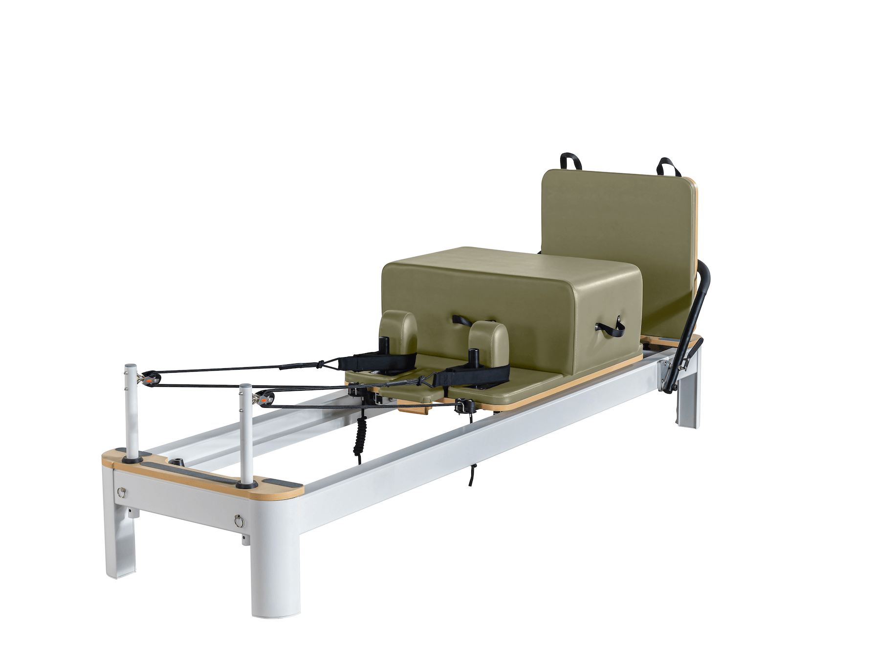 Queen Studio Reformer Pilates machine with olive green padded carriage and footbar on white frame with wooden accents