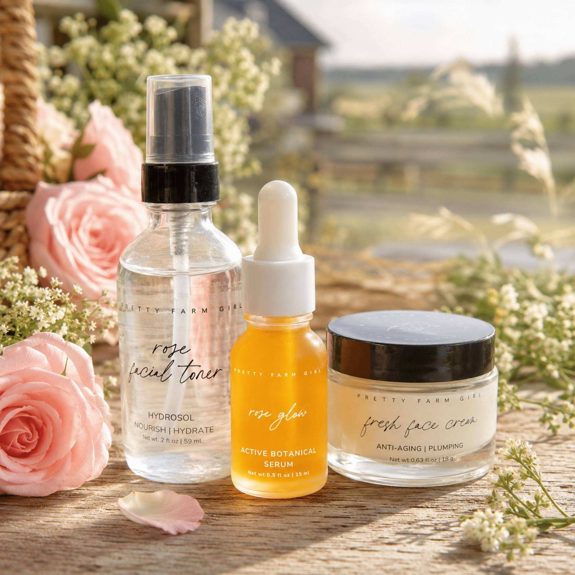 Radiance Glow Kit with clear rose facial toner, amber glow serum, and cream in glass jars