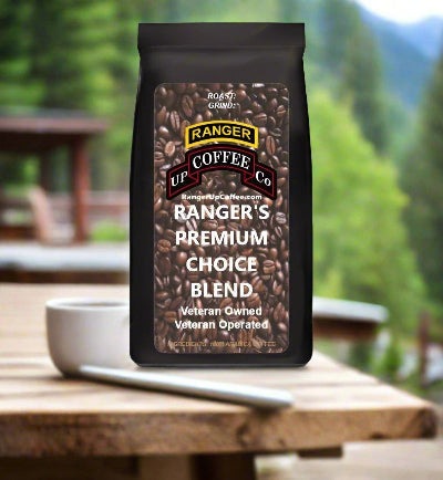 Ranger's Premium Choice coffee in a black pouch with a coffee bean pattern and bold white lettering