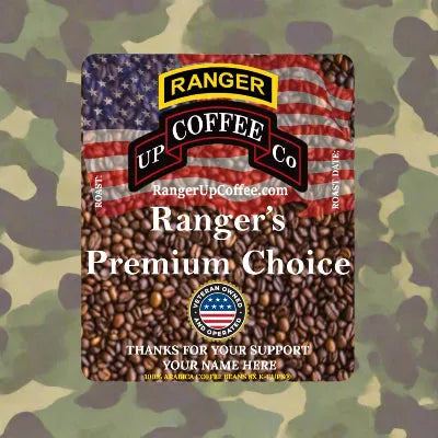 Ranger's Premium Choice Blend Coffee K-Cups in a camouflage-patterned bag with coffee beans, an American flag and Ranger Coffee Co branding