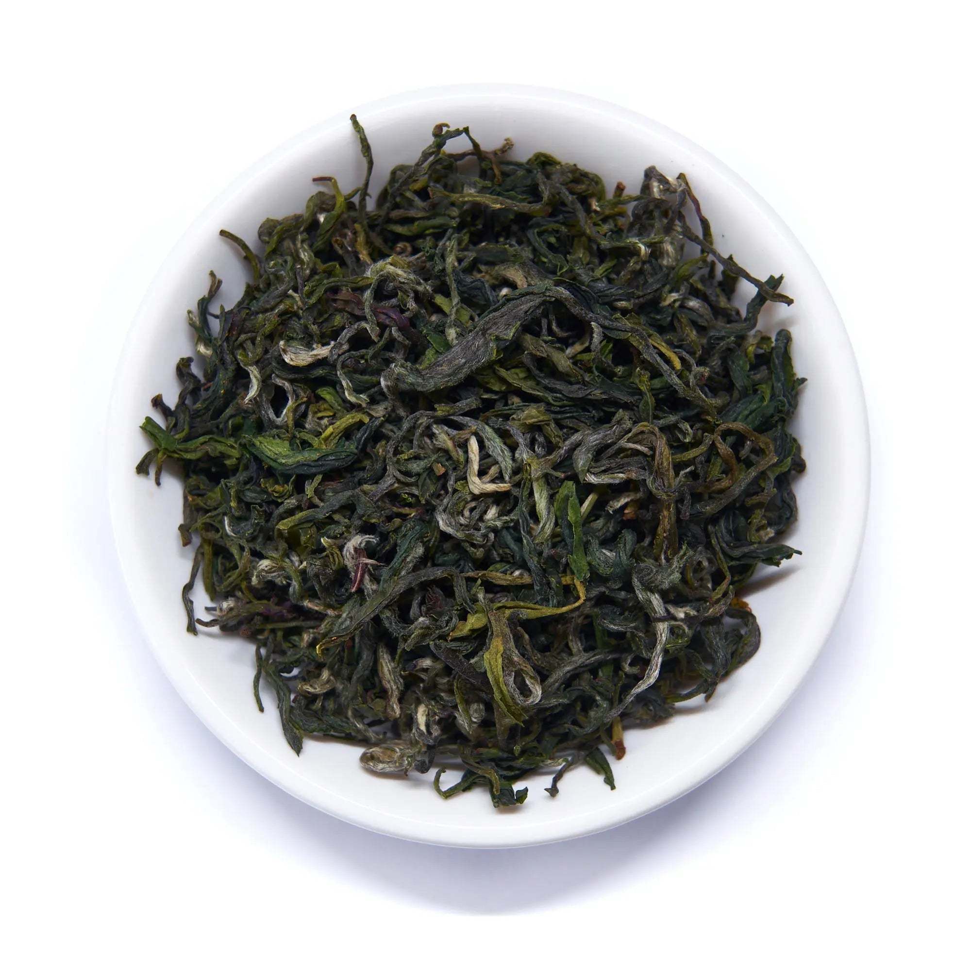 Rare Leaves Emerald - Pi Lo Chun Green Tea, loose dark emerald leaves with curled, wiry texture