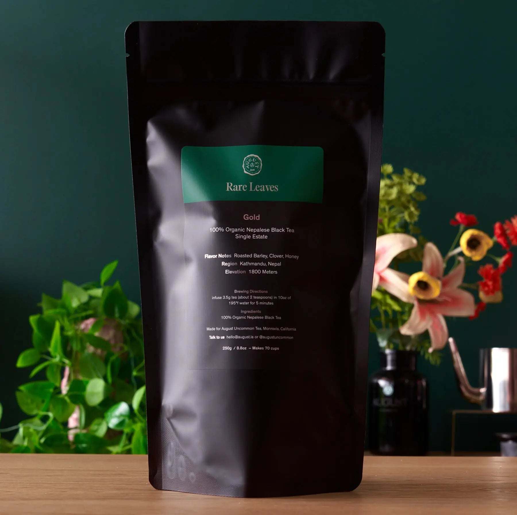 Rare Leaves - Nepalese Black Tea in a matte black pouch with a green Gold label and single estate details