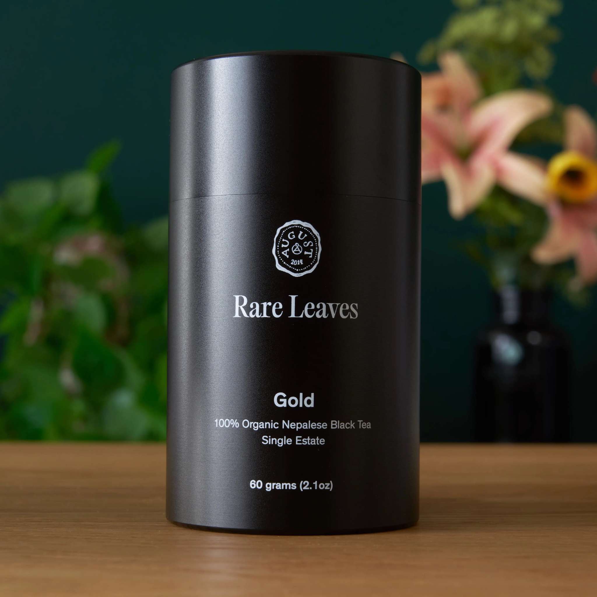 Rare Leaves - Nepalese Black Tea in a matte black aluminum tin, labeled Gold, 100% organic single estate tea