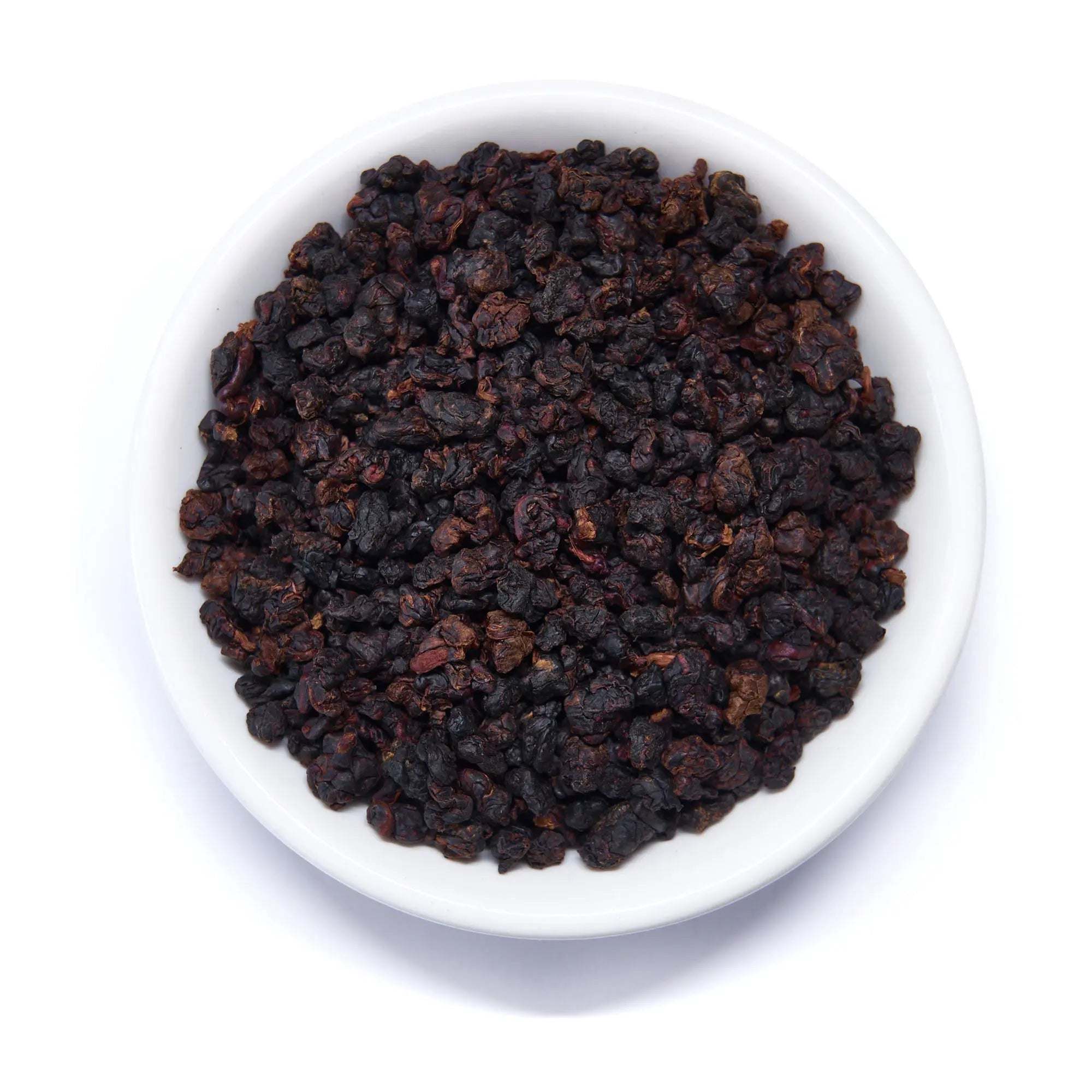 Oolong tea leaves, dark brown and charcoal roasted, tightly rolled with a textured, irregular appearance; Rare Leaves - Single Estate Taiwanese Dark Oolong Tea