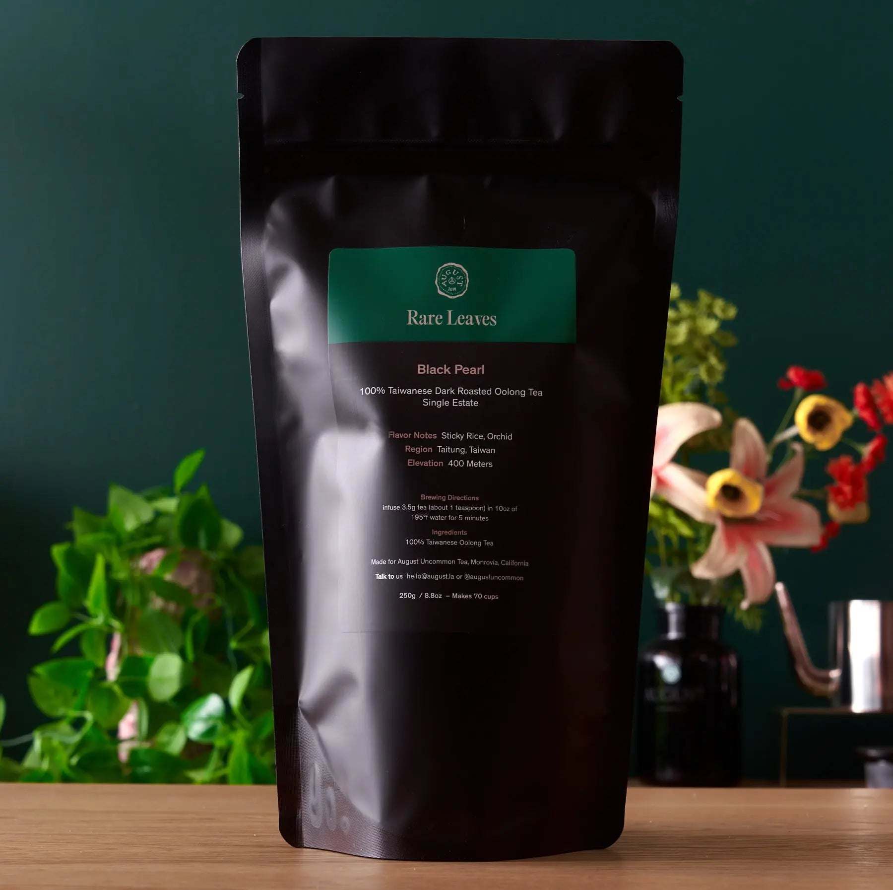 Rare Leaves - Single Estate Taiwanese Dark Oolong Tea in a black resealable pouch with green label