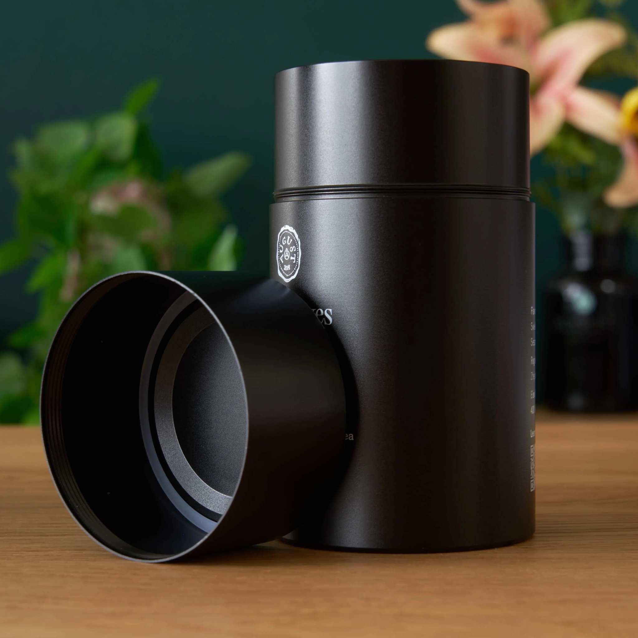 Rare Leaves - Single Estate Taiwanese Dark Oolong Tea in a black aluminum tin with matching open lid
