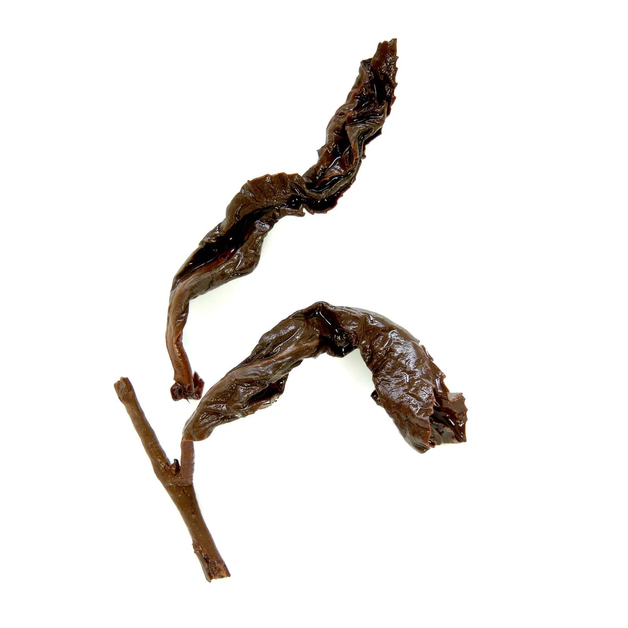 Oolong tea leaves, dark brown dried leaves with a curled form and woody stem, Rare Leaves - Single Estate Taiwanese Dark Oolong Tea