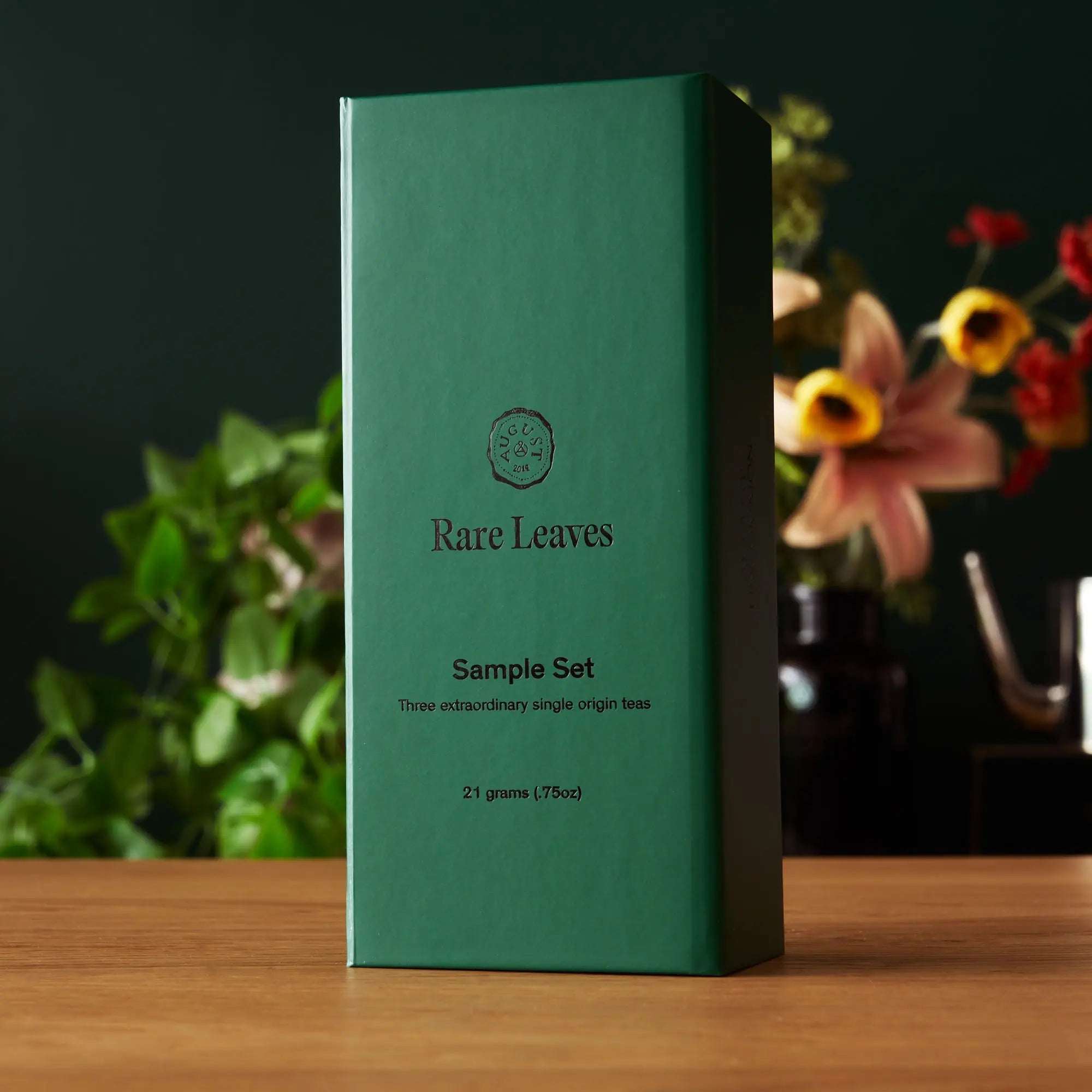 Rare Leaves Single Origin Tea Mini Tin Sample, green rectangular box with “Sample Set” label and embossed logo