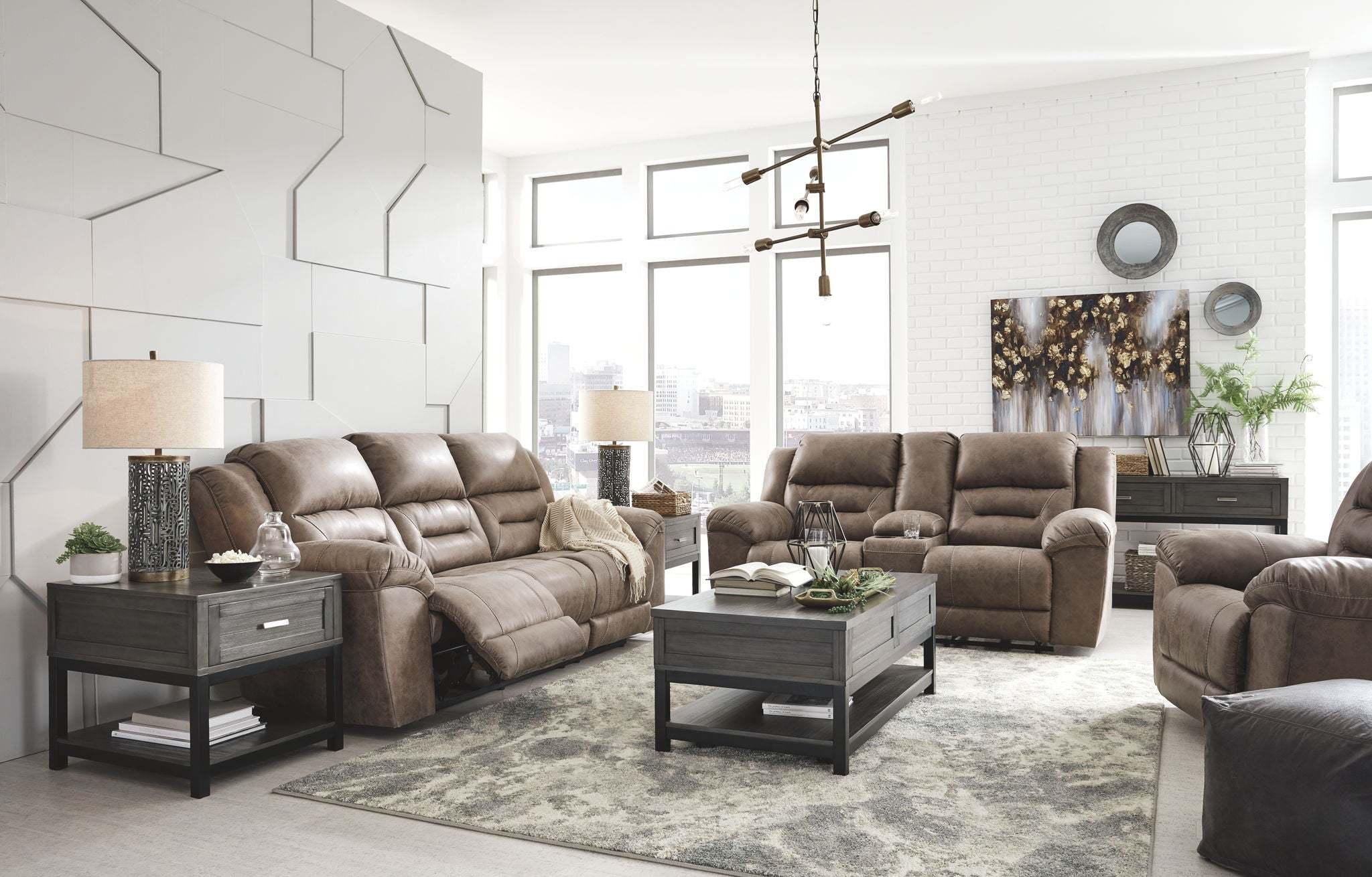 Brown faux leather reclining sofa and loveseat with padded cushions and a modern design in a Reclining Living Room Set.