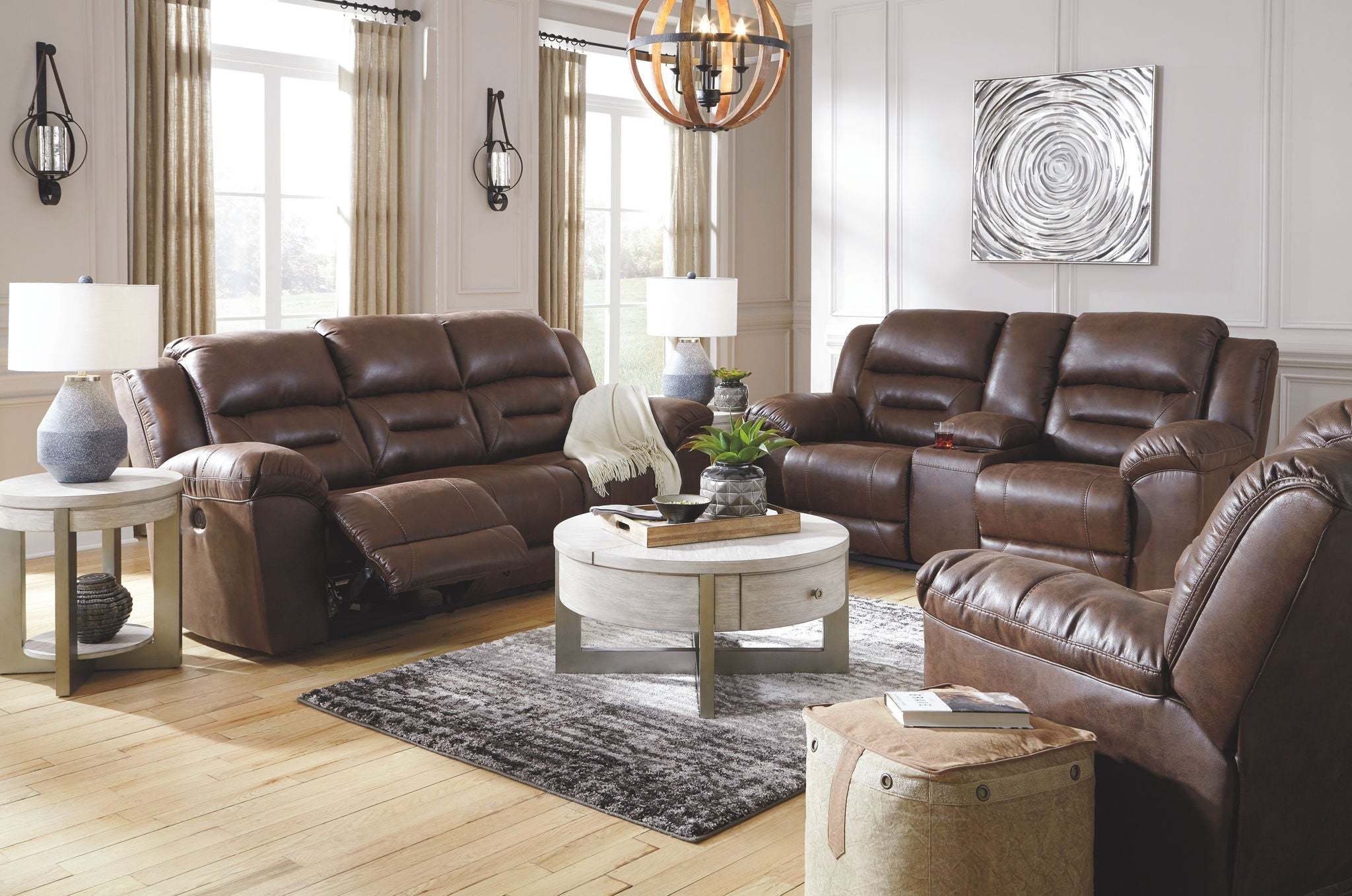 Reclining Living Room Set featuring a three-piece dark brown faux leather sofa set with padded, channel-stitched back cushions and recliner seats.