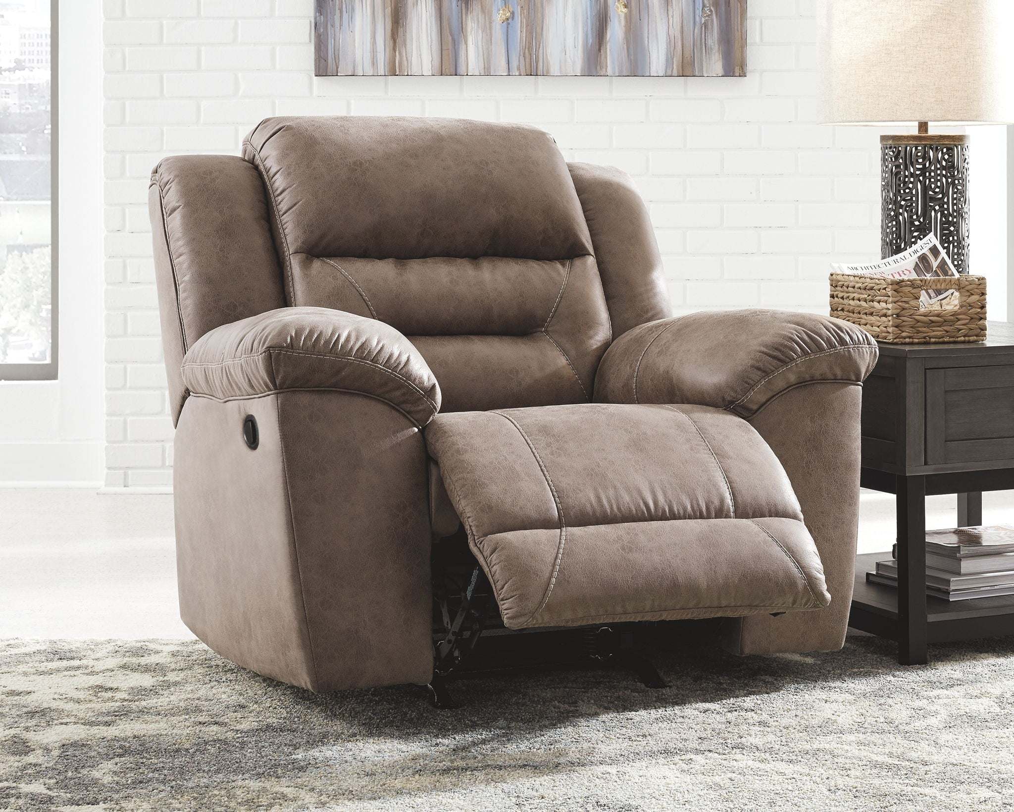 Reclining Living Room Set single plush padded faux leather recliner chair in fossil brown with cushioned armrests and extended footrest