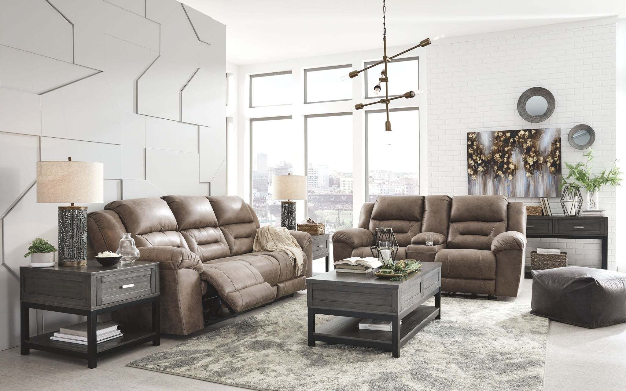 Reclining Living Room Set featuring padded faux leather in chocolate brown with channel-stitched back cushions and plush armrests.