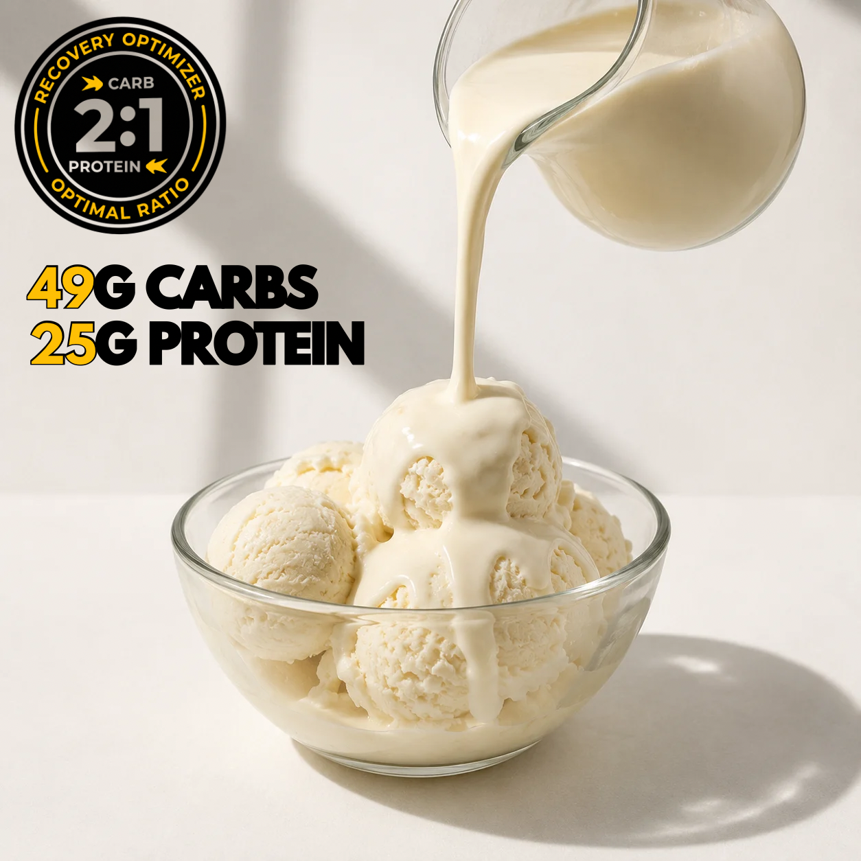 RECOVERY PROTEIN dessert shake pours over vanilla ice cream, with a creamy pale beige colour and smooth texture