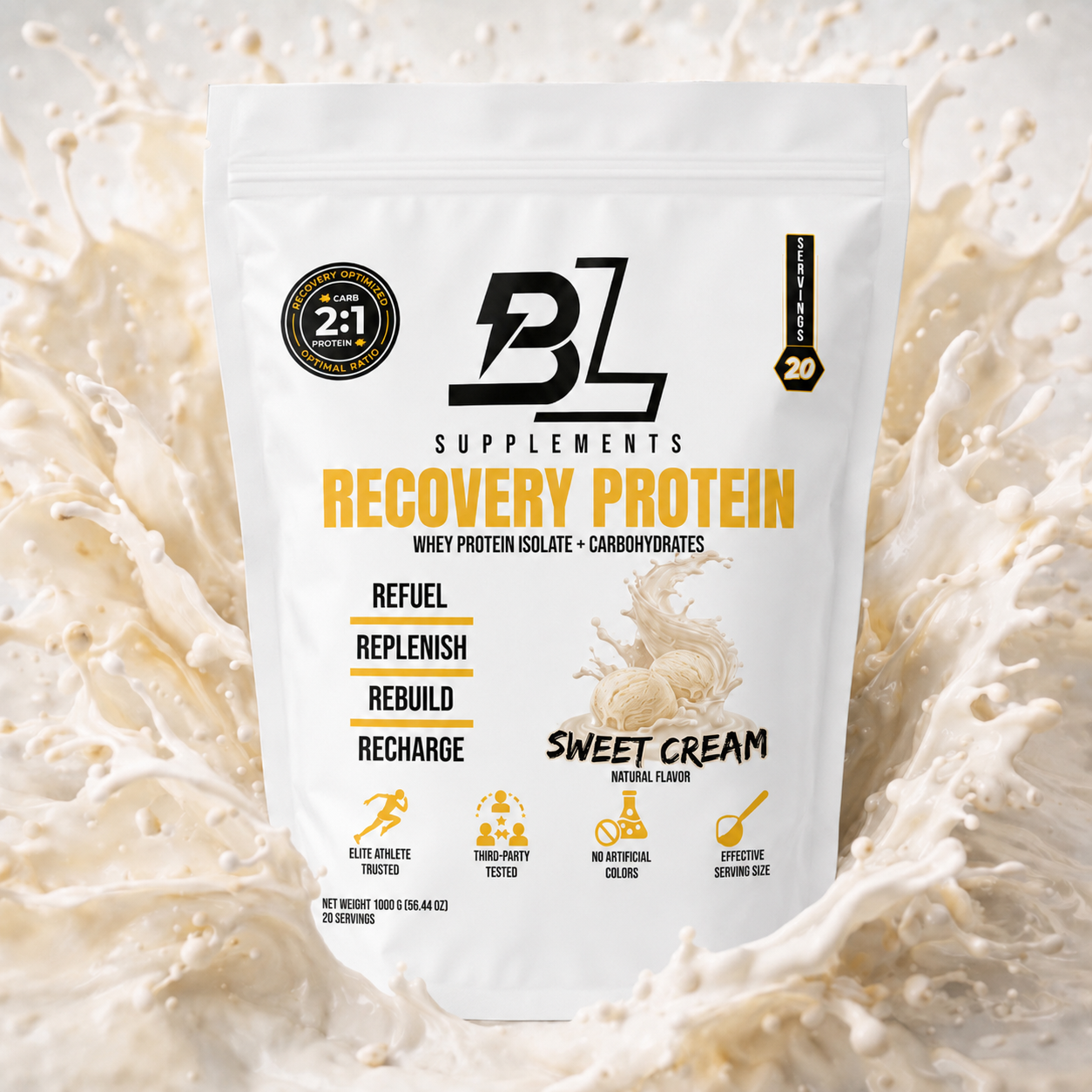RECOVERY PROTEIN supplement pouch in white packaging with bold yellow lettering, black branding and a sweet cream flavor label