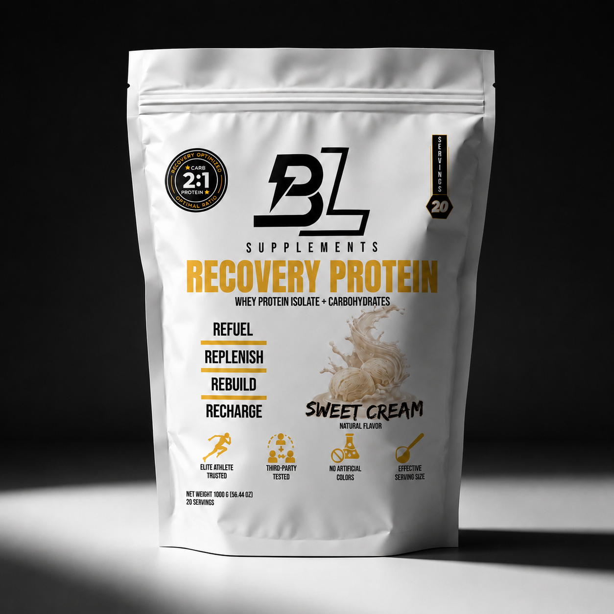 RECOVERY PROTEIN supplement pouch in a white bag with bold black and gold lettering and sweet cream flavor artwork