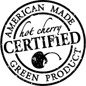 Rectangle/Cervical Pillow certification badge in black and white, with circular American-made and green-product text