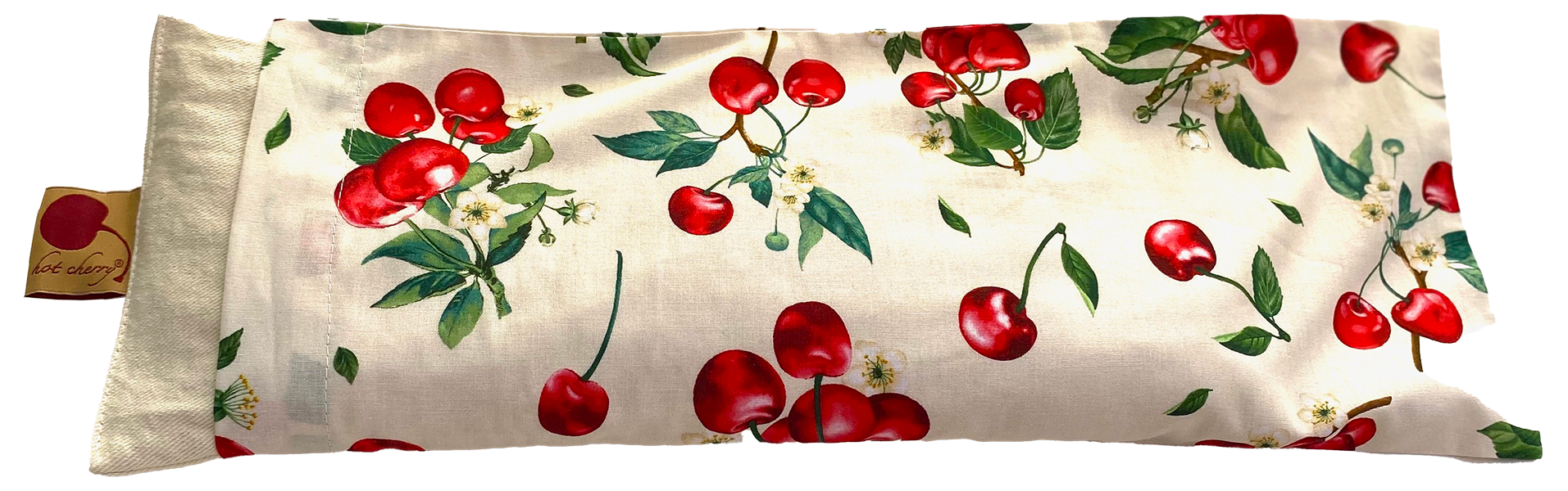 Rectangle/Cervical Pillow with an ivory fabric case, vibrant red cherry print, and a natural unbleached linen end panel