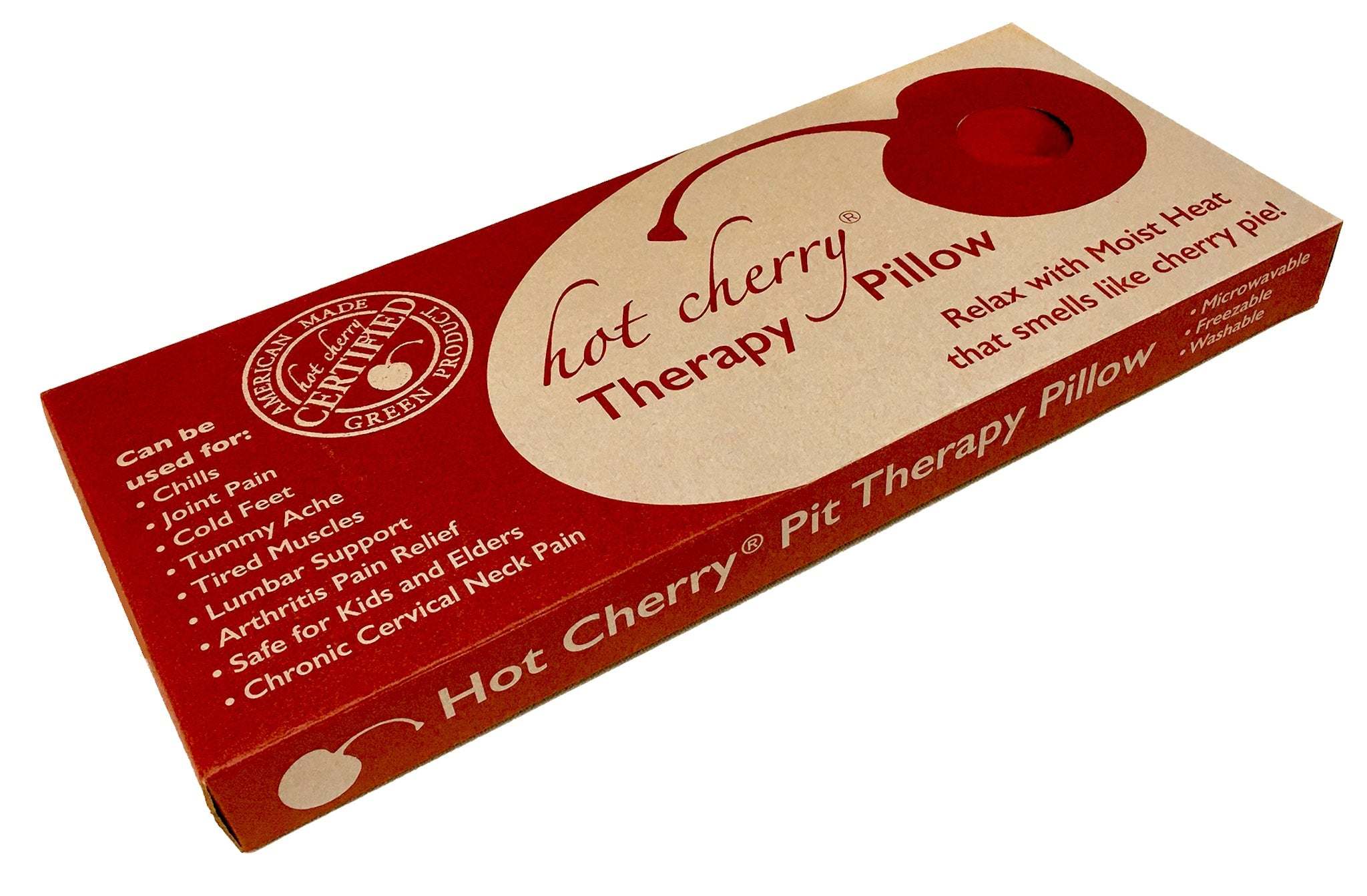 Rectangle/Cervical Pillow packaged in a red and cream box with Hot Cherry therapy pillow branding and cherry pit text