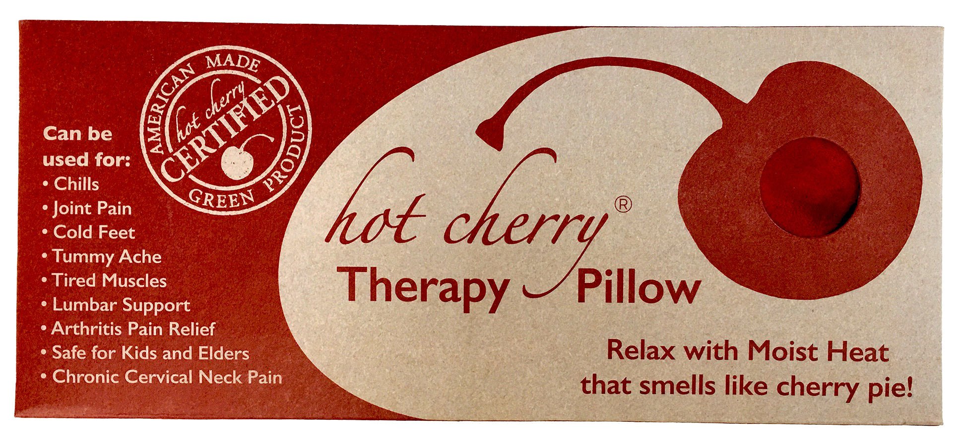 Rectangle/Cervical Pillow packaging in red and tan, featuring a cherry-shaped graphic and Hot Cherry Therapy Pillow branding