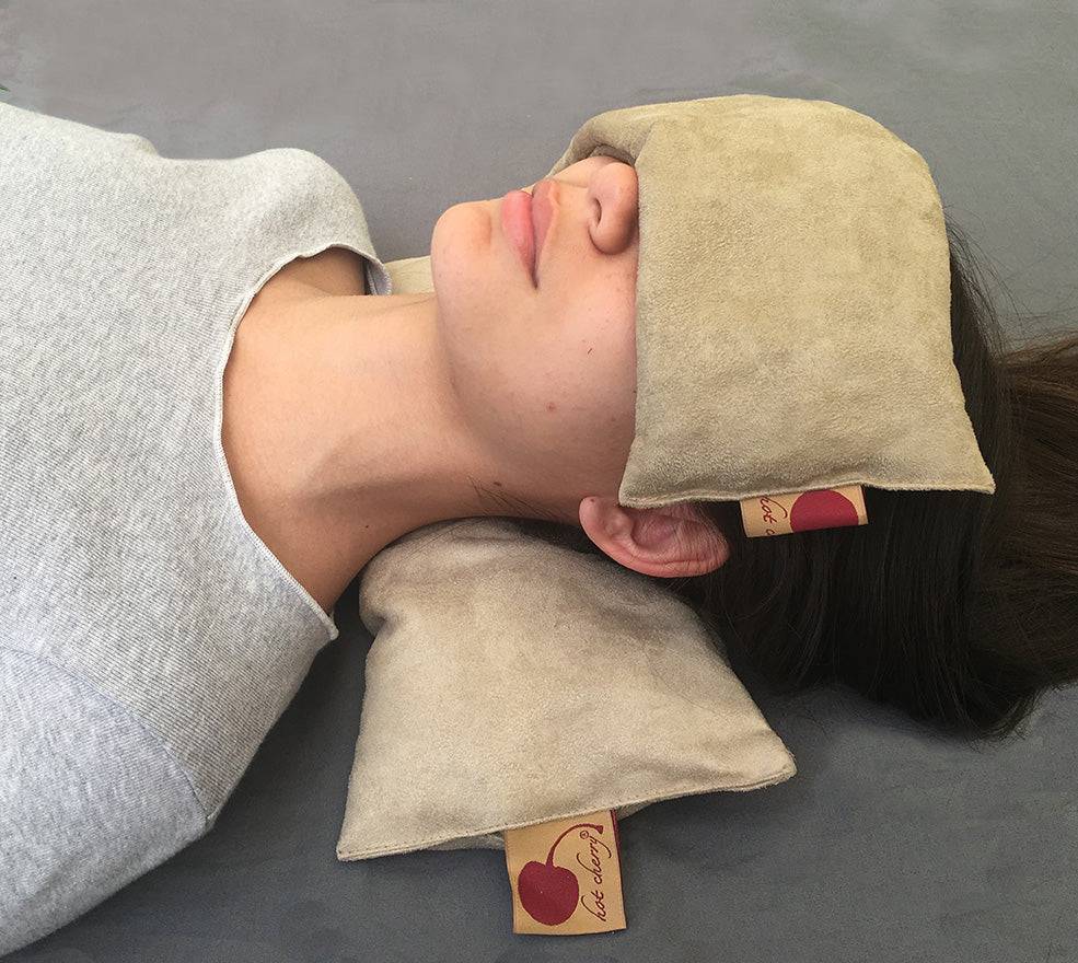 Rectangle/Cervical Pillow in tan plush suede, rectangular soft pillows supporting the forehead and neck