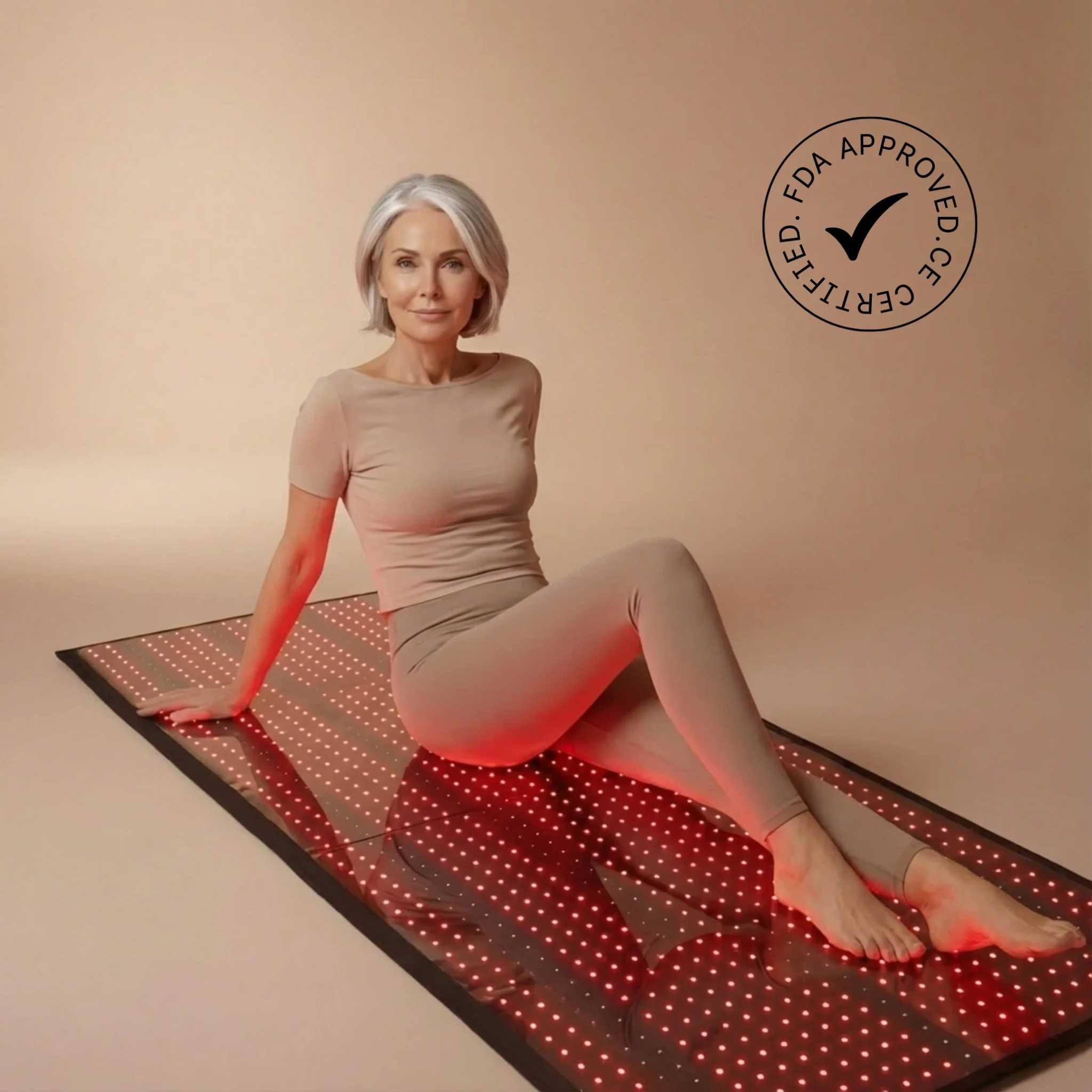 Red Light Therapy Mat in black with red LED light panels, shown supporting full-body seated use