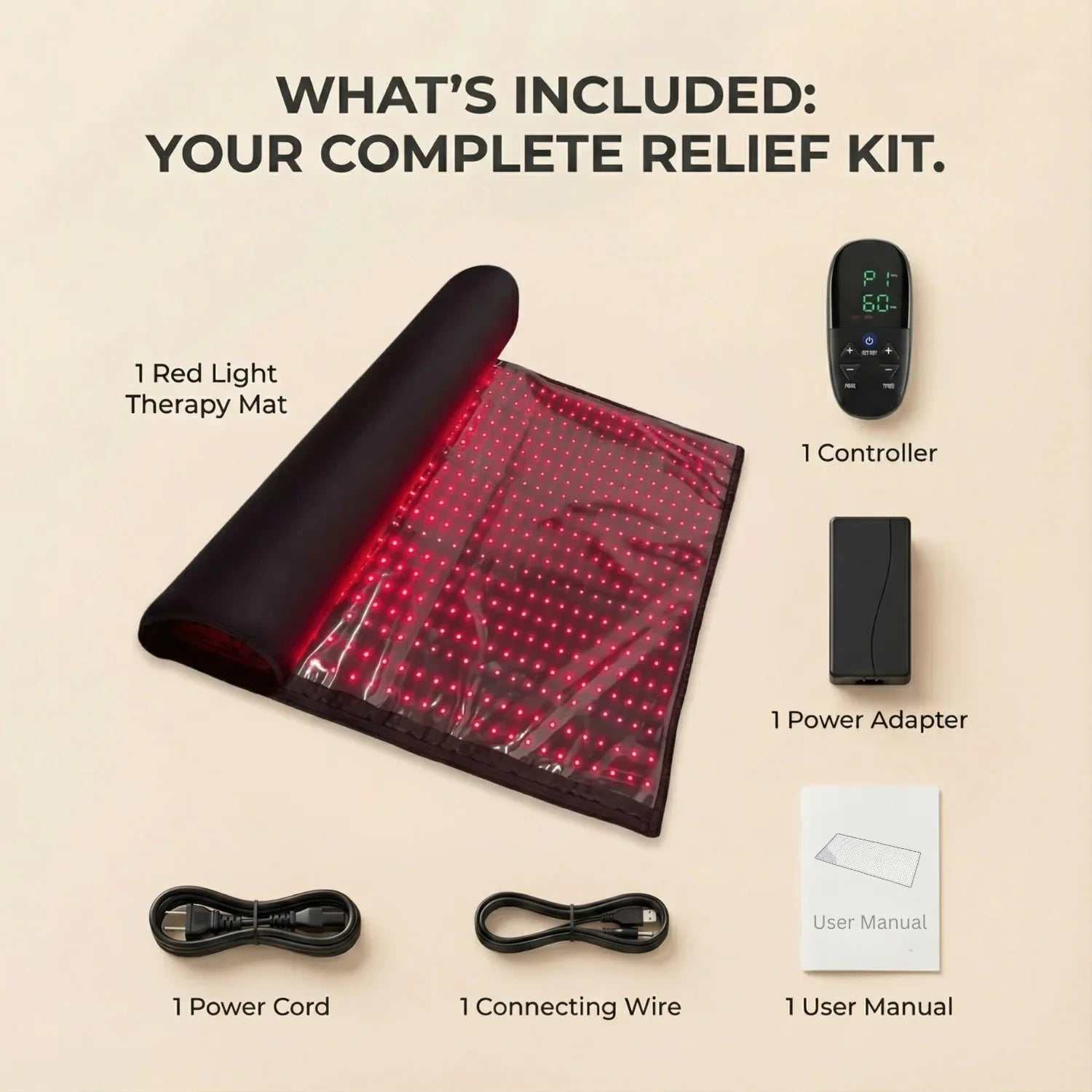 Red Light Therapy Mat in black with red LED light grid, shown with controller, power adapter, cords, and user manual