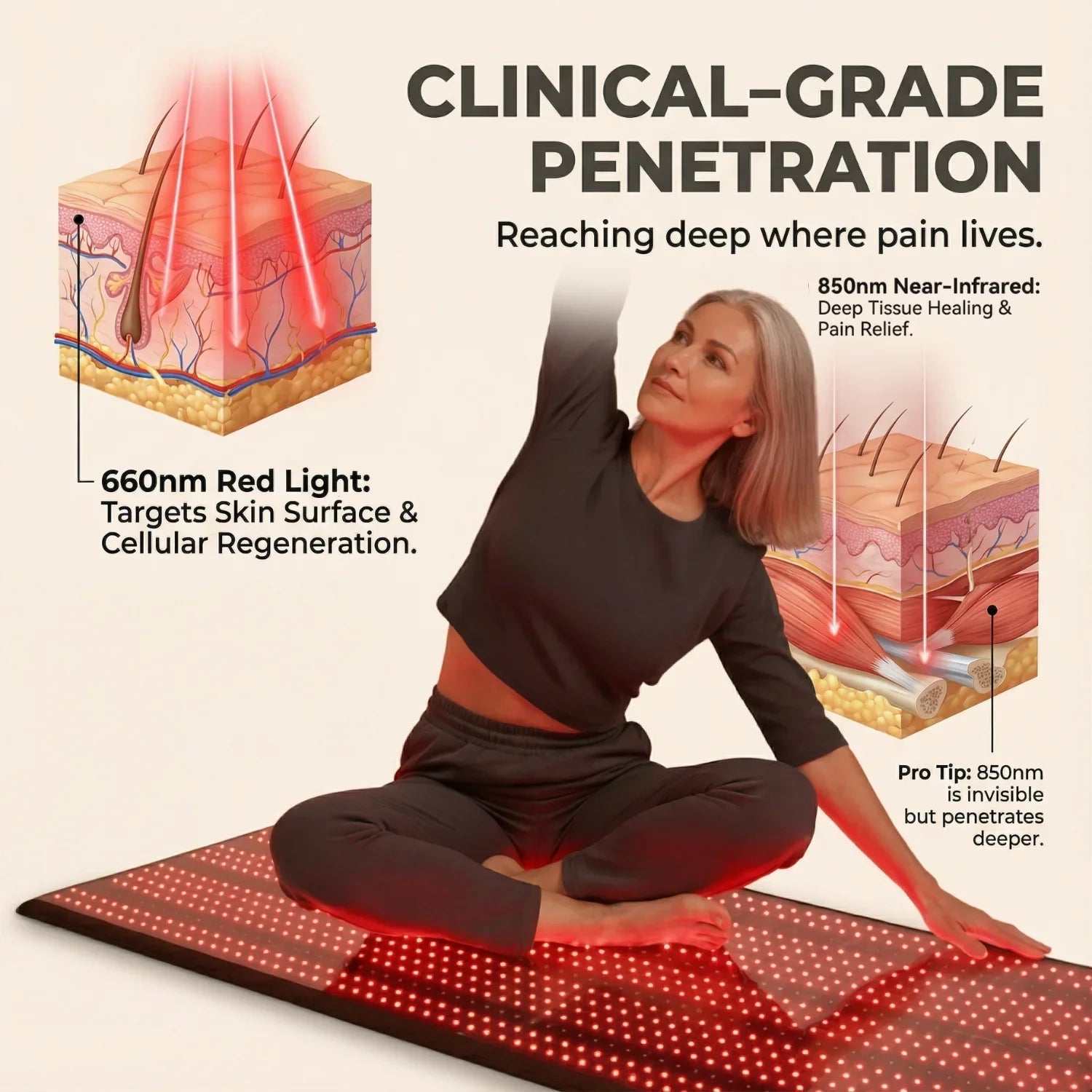 Red Light Therapy Mat in black with red LED lights, shown with a seated woman and wavelength diagrams