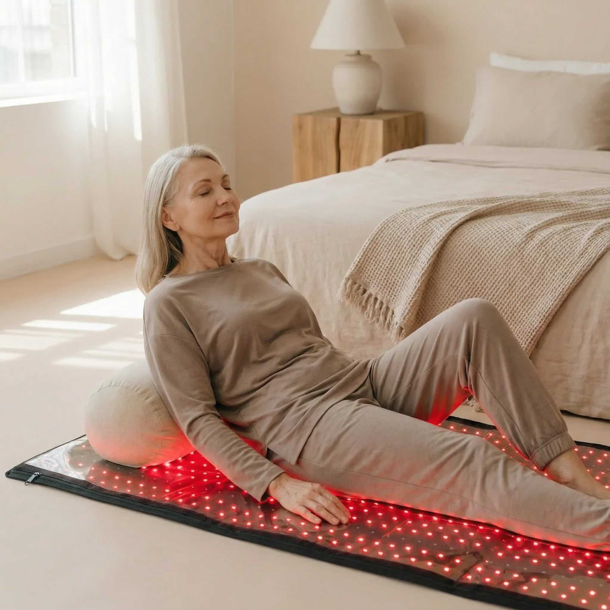 Red Light Therapy Mat with glowing red LED lights, black edges, and a woman reclining on its full-body surface