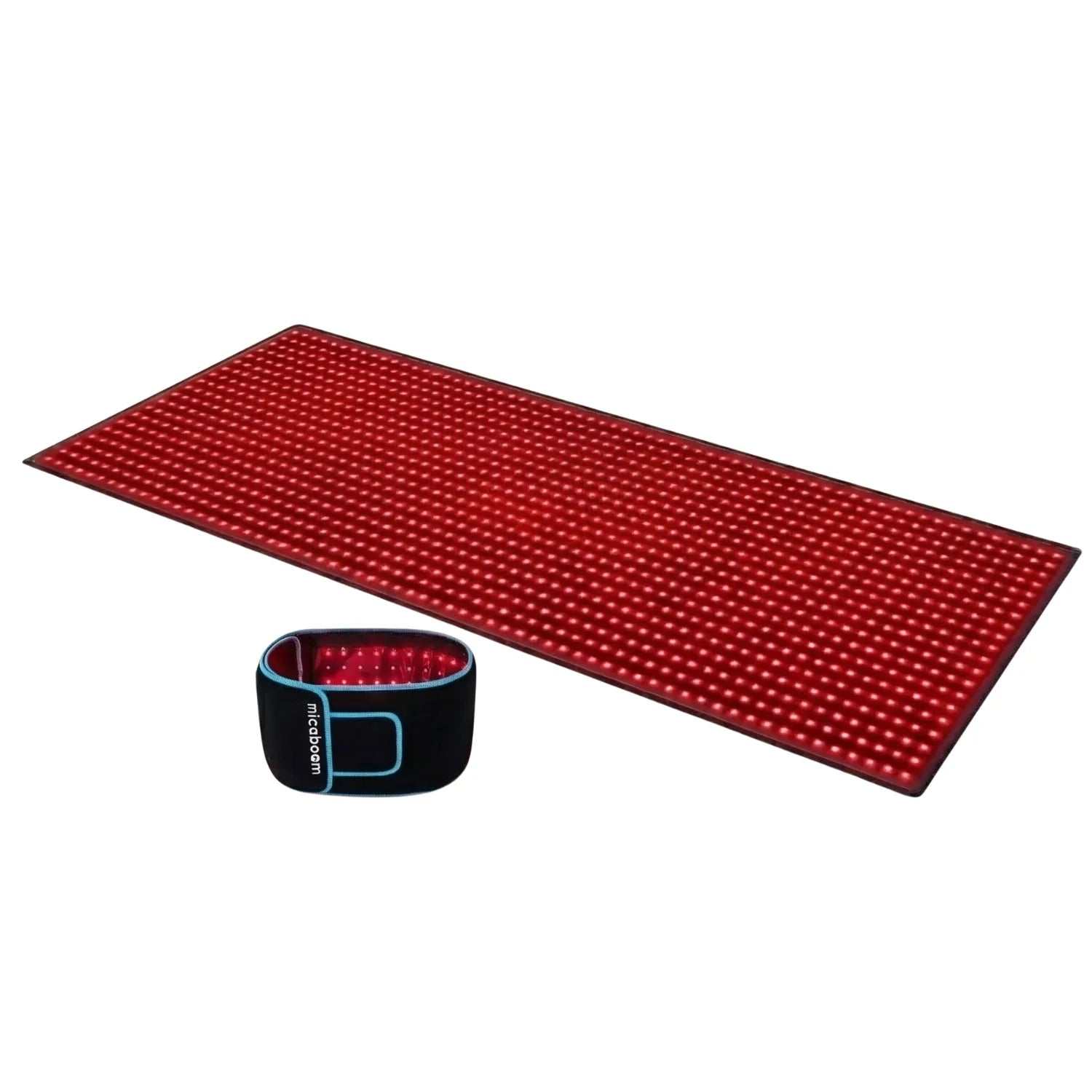 Red Light Therapy Mat in red with a dense LED light pattern and matching black illuminated wrist controller