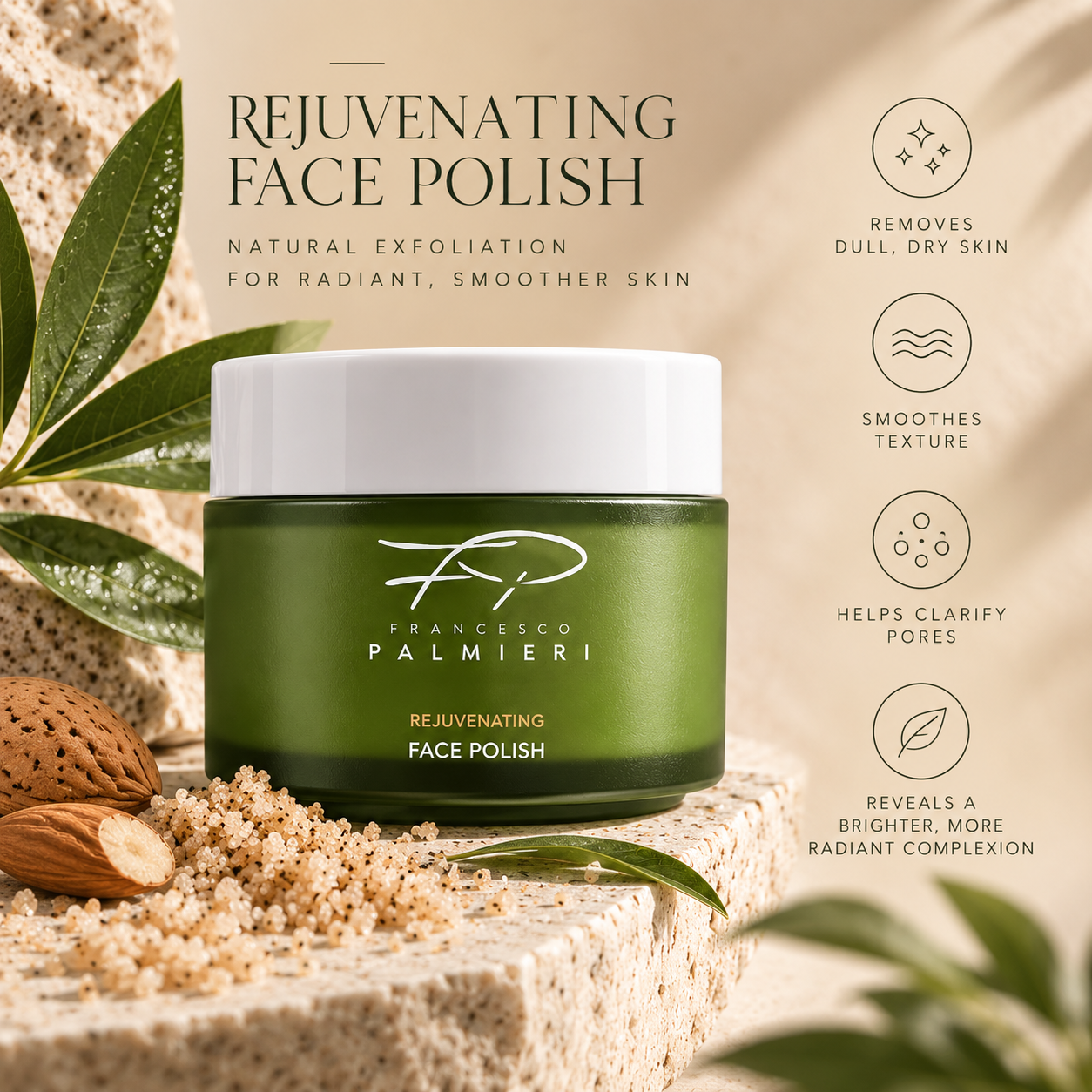 Rejuvenating Face Polish in a green jar with a white lid, featuring botanical skincare branding and natural exfoliation text