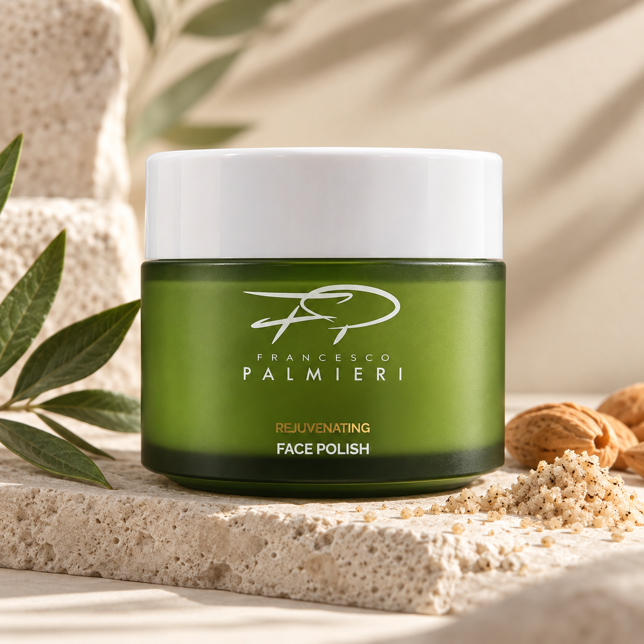 Rejuvenating Face Polish in an olive-green jar with a white lid and gold and white label lettering