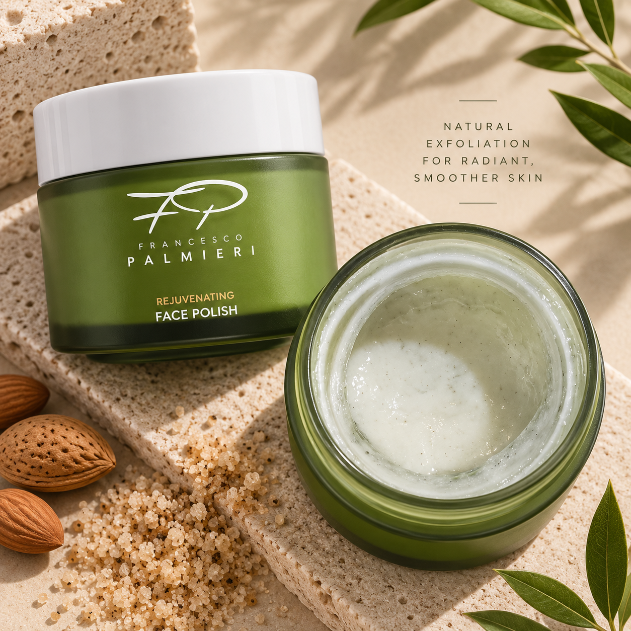 Rejuvenating Face Polish in olive-green jars with a white lid and creamy, finely textured exfoliating scrub
